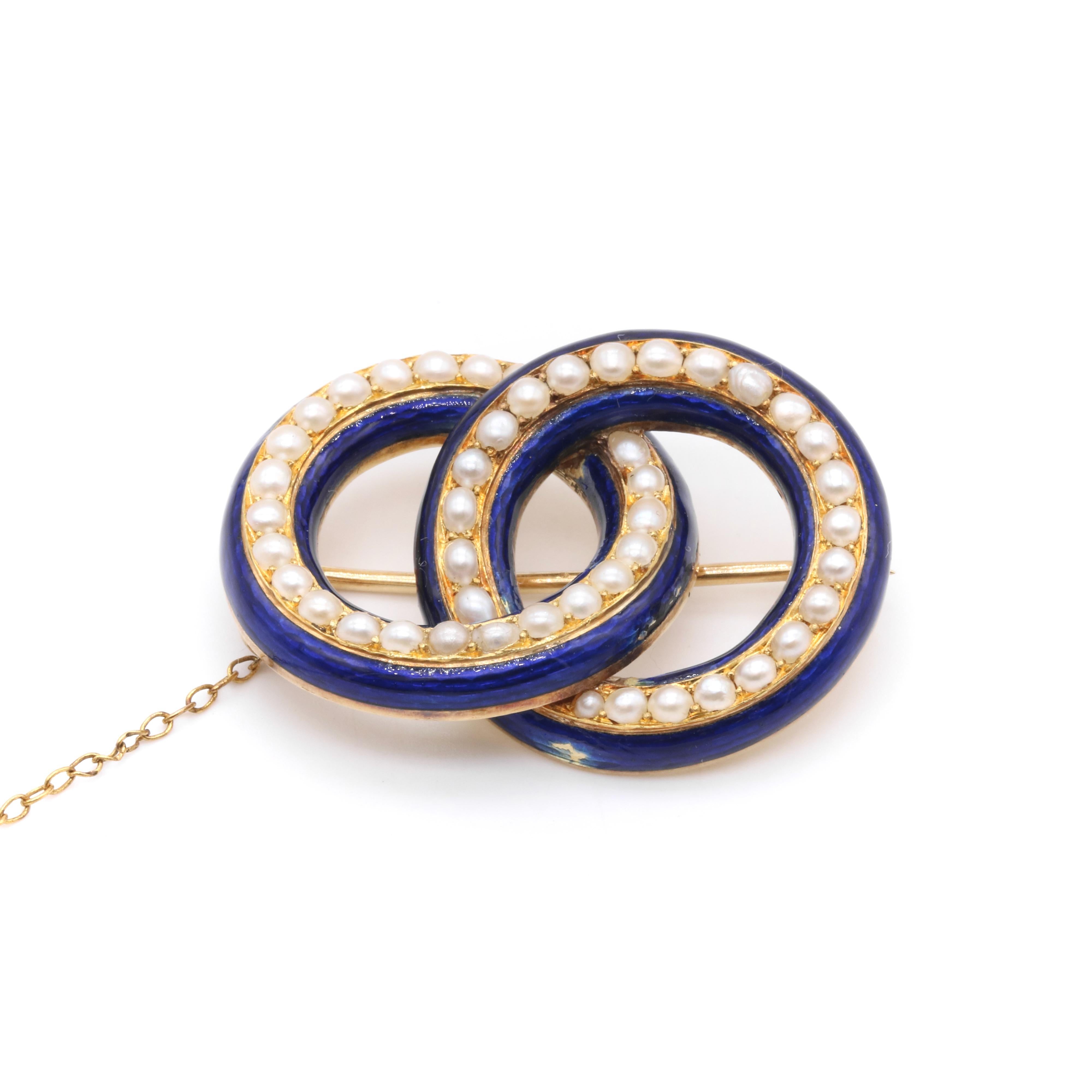 Women's or Men's Georgian 18K Gold Seed Pearl & Cobalt Blue Enamel Interlocked Rings Brooch For Sale