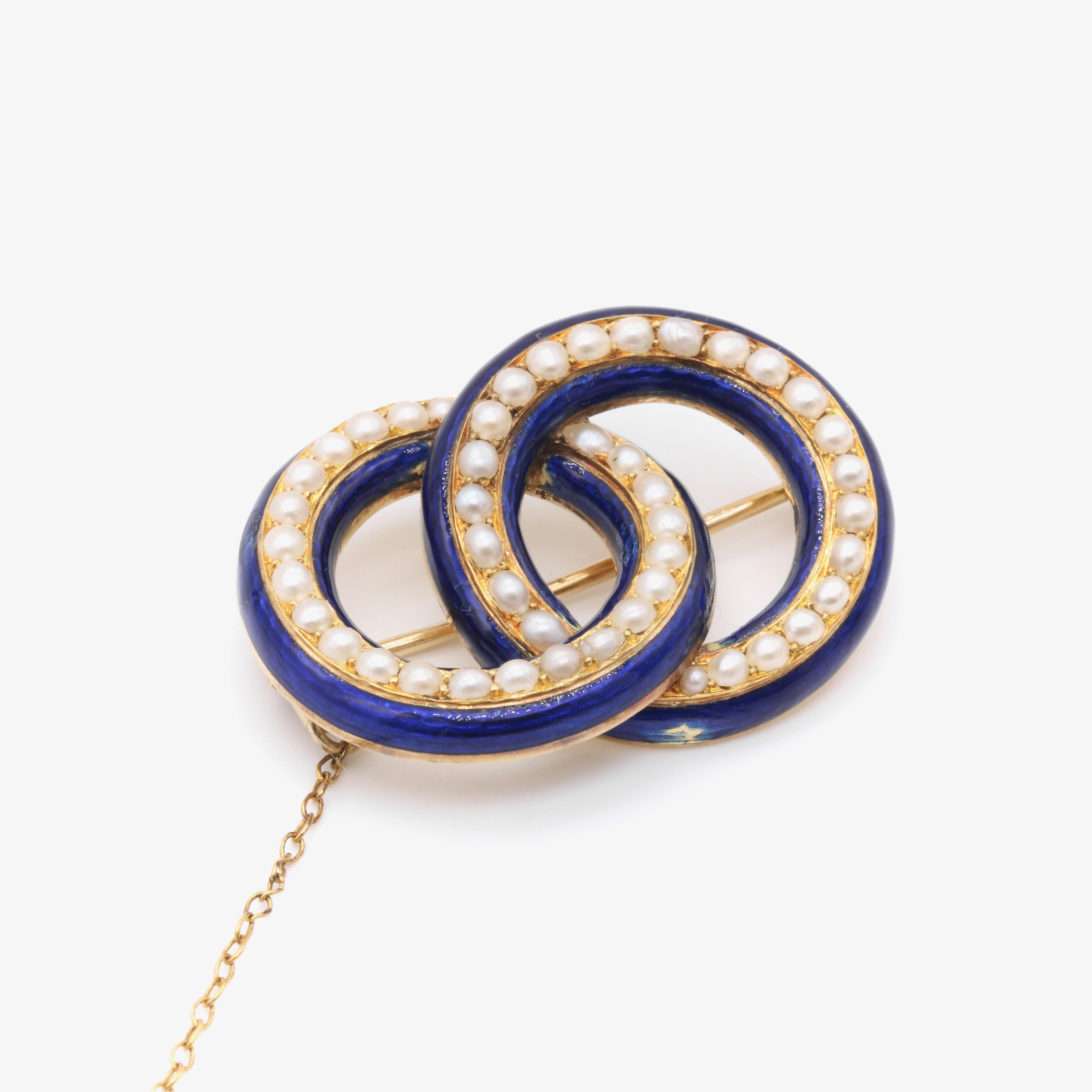 Georgian 18K Gold Seed Pearl & Cobalt Blue Enamel Interlocked Rings Brooch For Sale 1