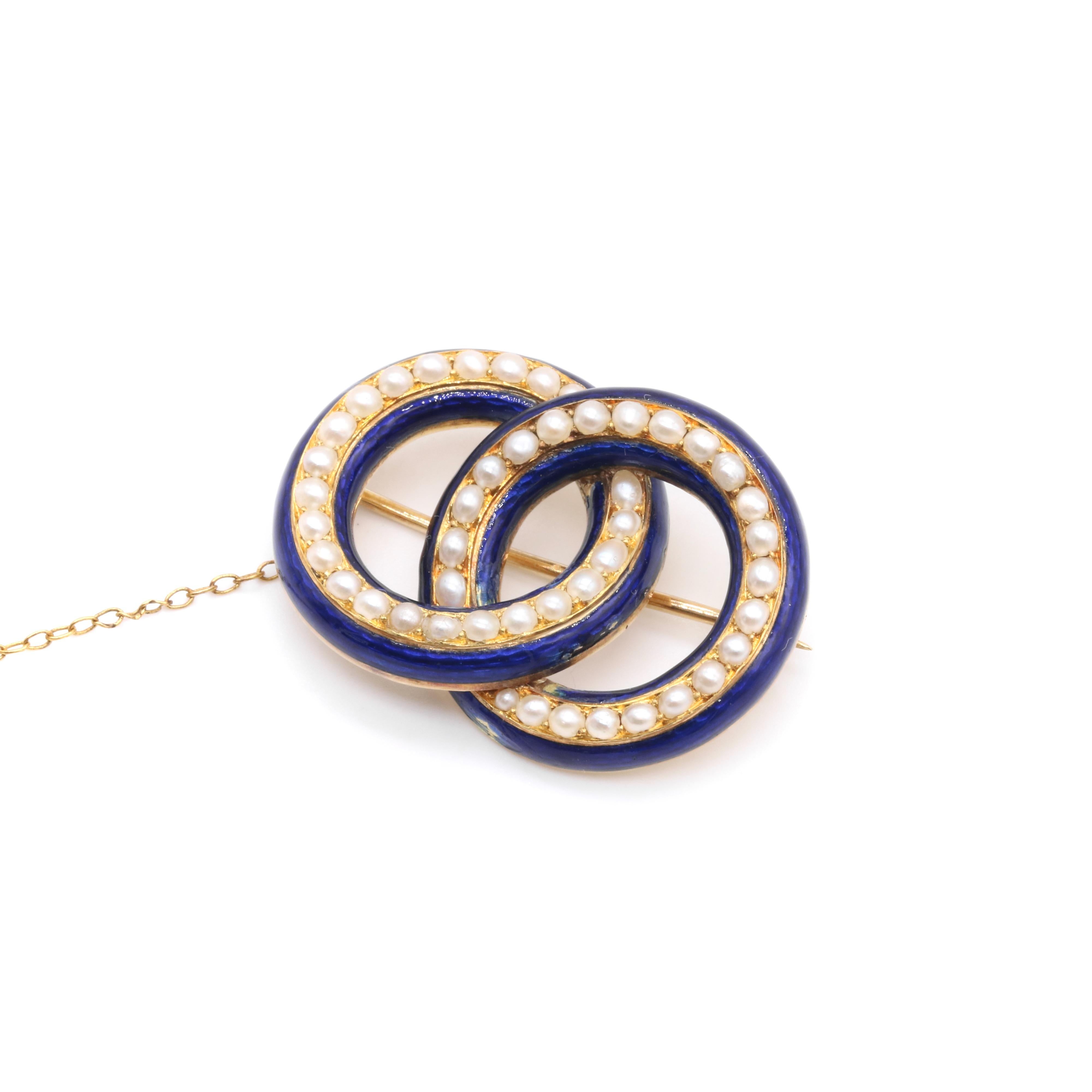 Georgian 18K Gold Seed Pearl & Cobalt Blue Enamel Interlocked Rings Brooch For Sale 2