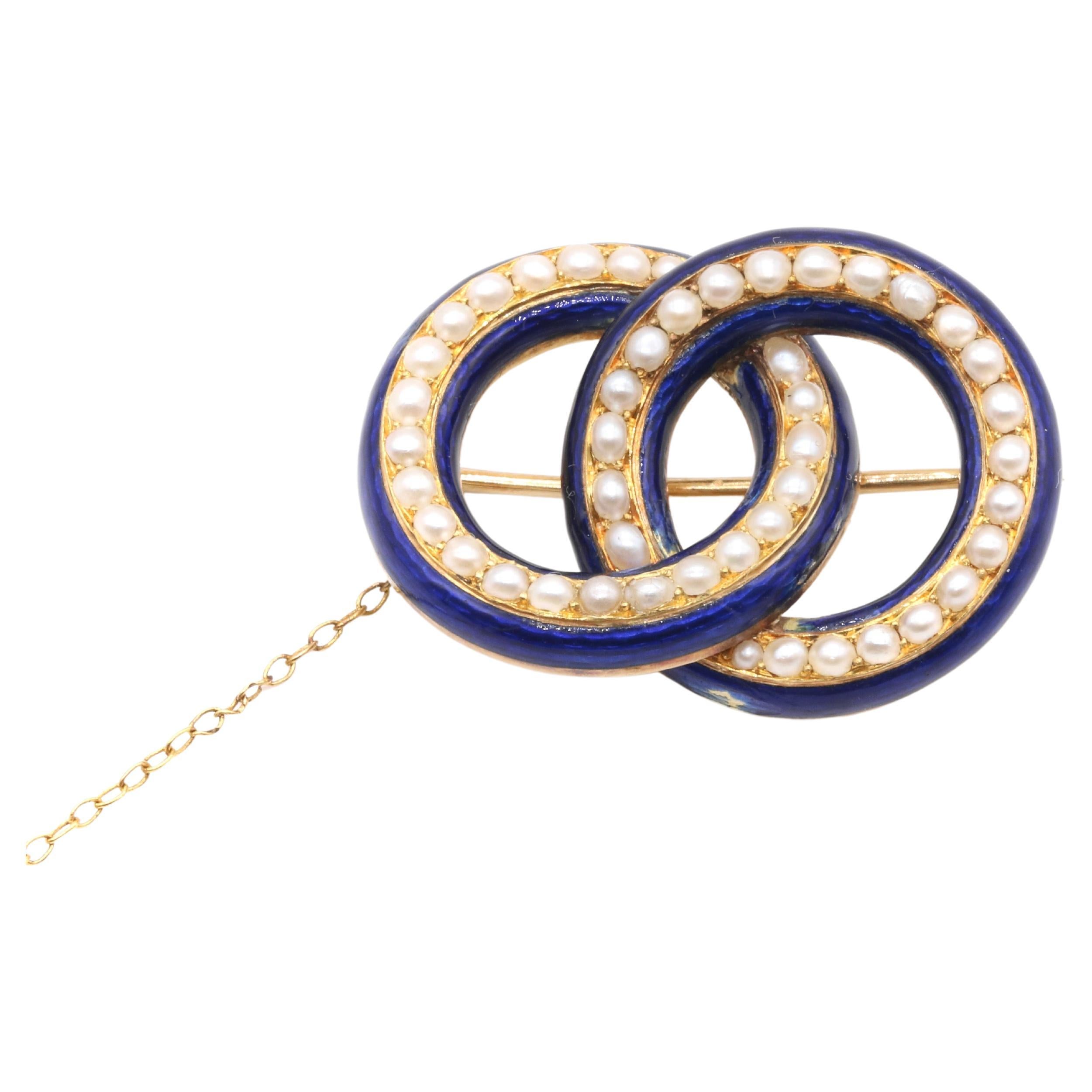 Georgian 18K Gold Seed Pearl & Cobalt Blue Enamel Interlocked Rings Brooch For Sale