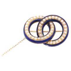 Georgian 18K Gold Seed Pearl & Cobalt Blue Enamel Interlocked Rings Brooch