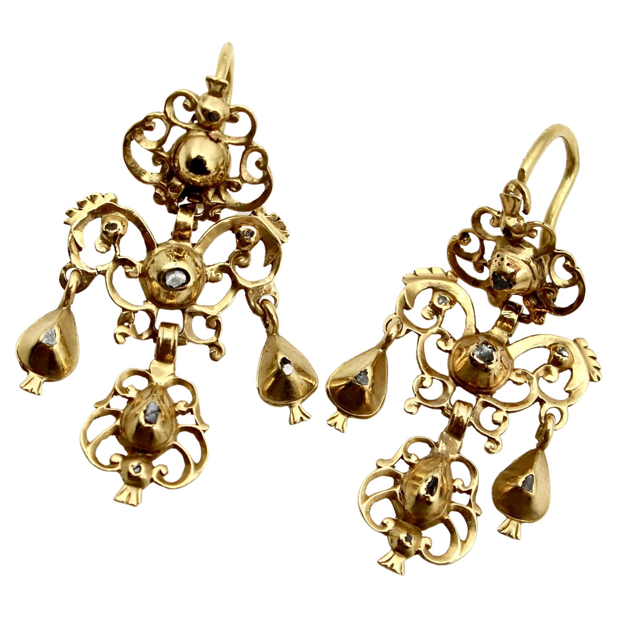 Georgian 18k Gold Sequilé Diamond Earrings from Portugal