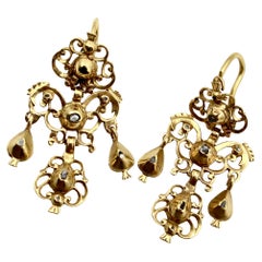 Antique Georgian 18k Gold Sequilé Diamond Earrings from Portugal