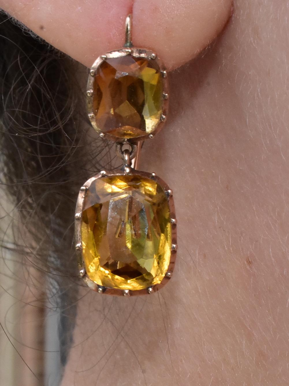 Antique Cushion Cut Georgian 18 Karat Pendent Drop Citrine Earrings