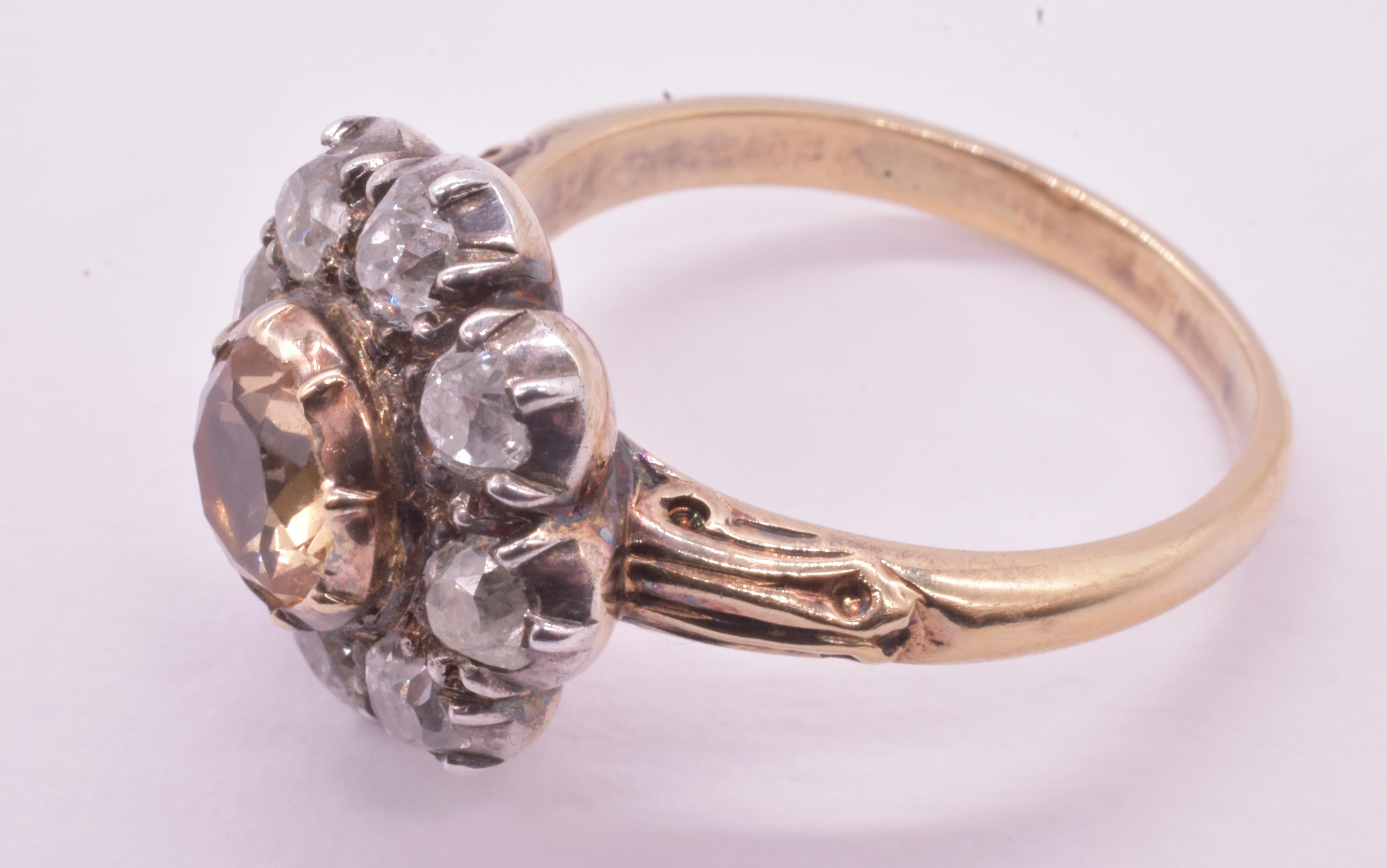 Women's or Men's Georgian 18K Topaz and Diamond Flower Cluster Ring