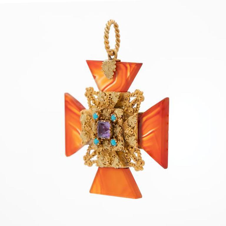 Georgian 18k Yellow Gold, Carnelian Amethyst and Persian Turquoise Maltese Cross Pendant C.1820

Additional Information:
Period: Georgian
Year: 1790-1820
Material: 18k Cannetille Yellow Gold, Carnelian, Amethyst and Persian Turquoise
Weight: