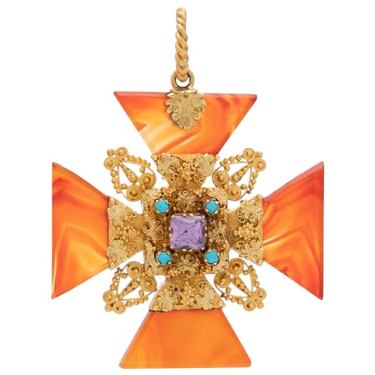 Georgian 18 Karat Gold, Carnelian Amethyst and Persian Turquoise Maltese Cross