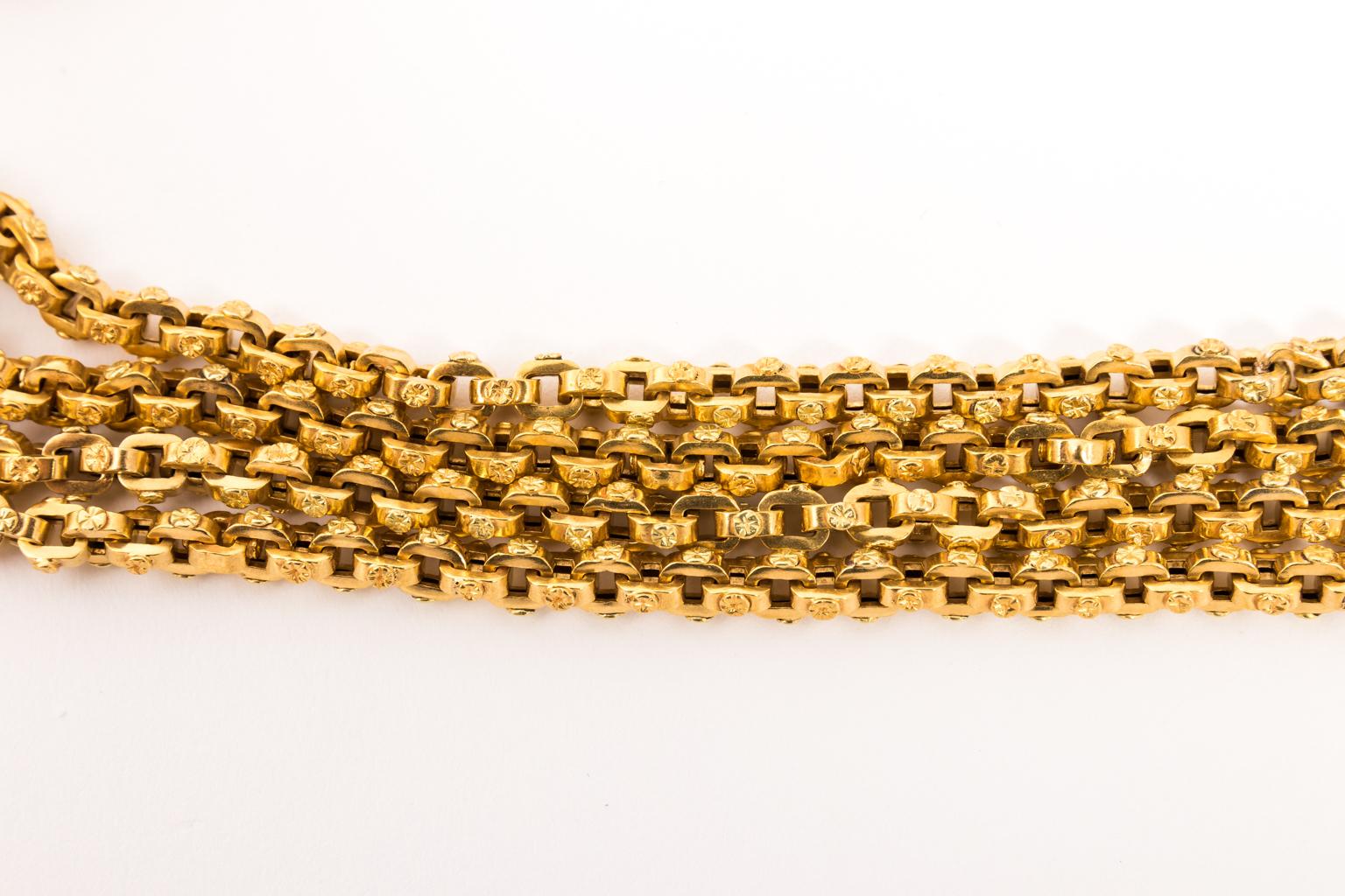 This is an amazing chain and very hard to find one in such great condition and of this age. I have consulted a reputable estate jeweler and had confirmed this necklace was from 18th century. The chain is continuous without clasp. 72 inches long. 4.8