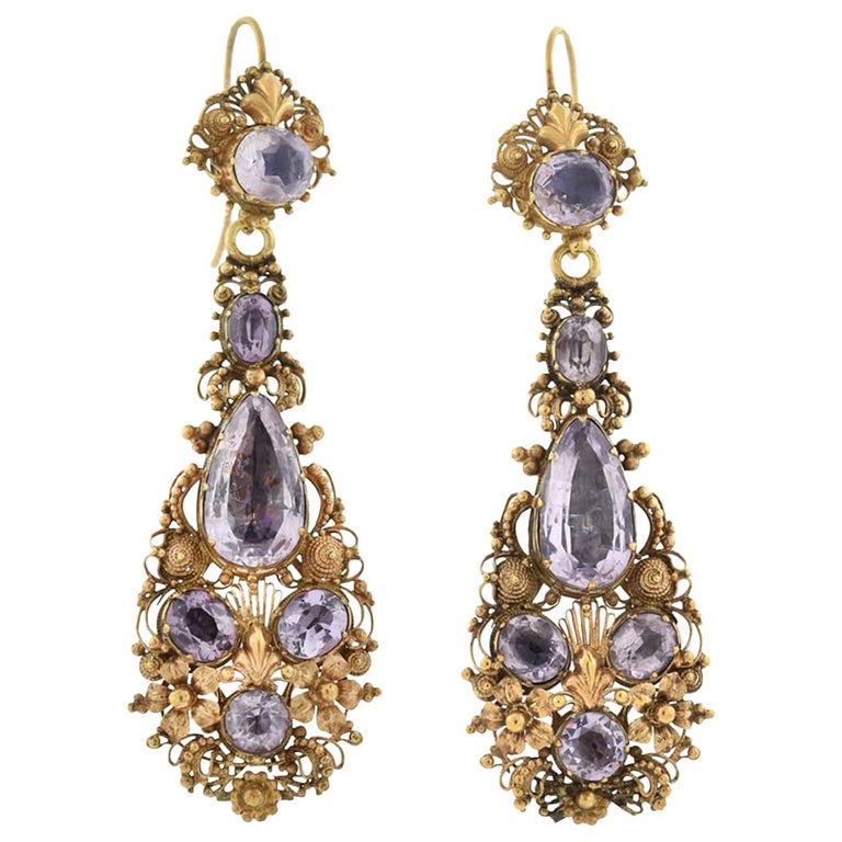 Georgian 18kt and Amethyst Cannetile Wirework Dangle Earrings at 1stDibs