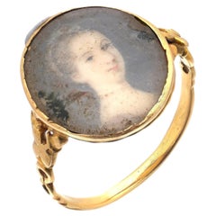 Georgian 18KT Gold Portrait Miniature Ring, Painted Lady Under Glass
