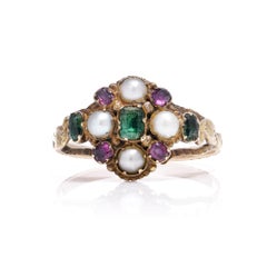 Georgian 18kt yellow gold Pearl Ruby and Emerald cluster ring