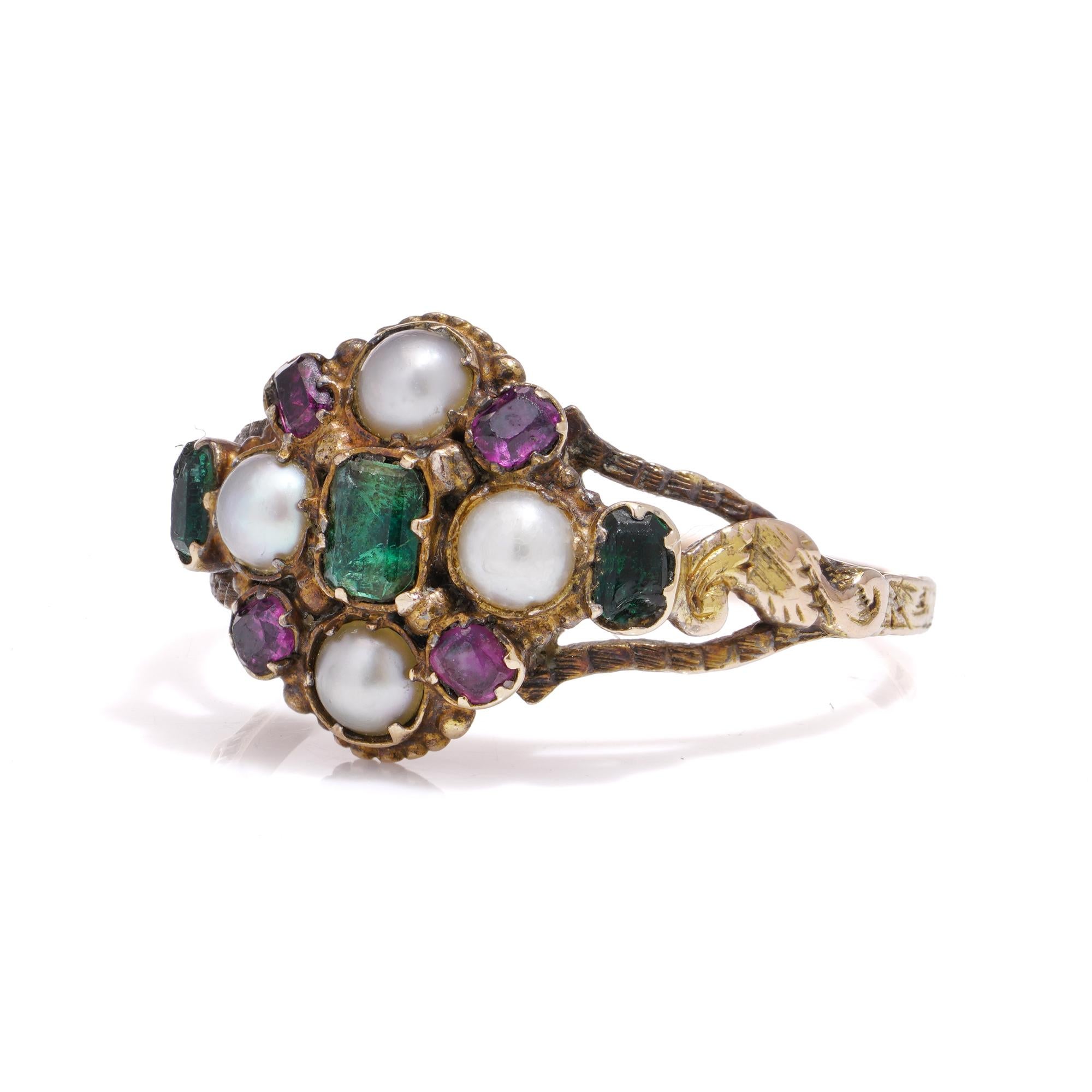 Women's Georgian 18kt yellow gold Pearl Ruby and Emerald cluster ring