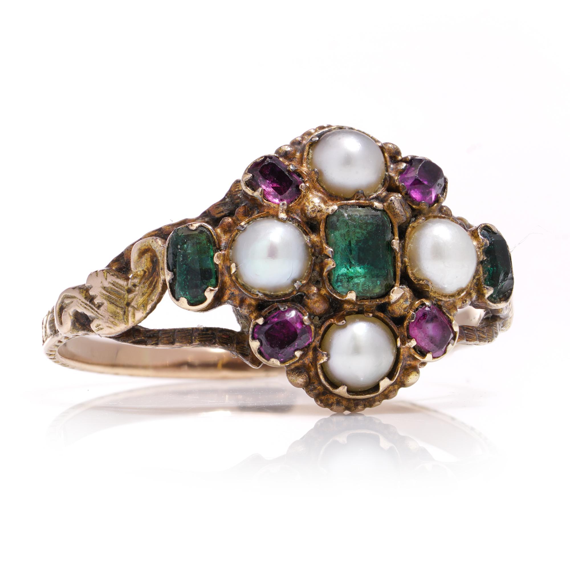 Georgian 18kt yellow gold Pearl Ruby and Emerald cluster ring 1