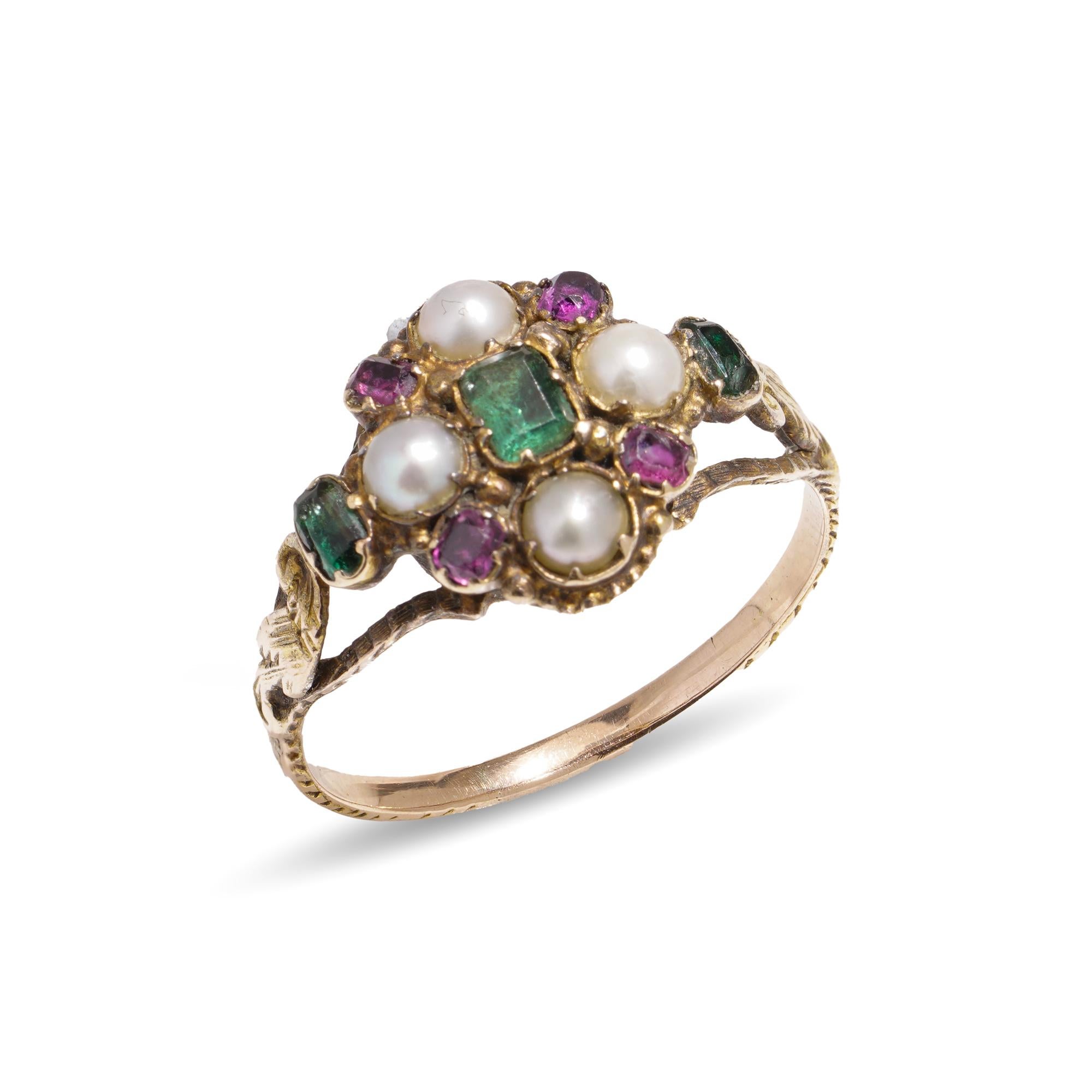 Georgian 18kt yellow gold Pearl Ruby and Emerald cluster ring 3