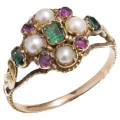 Georgian 18kt yellow gold Pearl Ruby and Emerald cluster ring