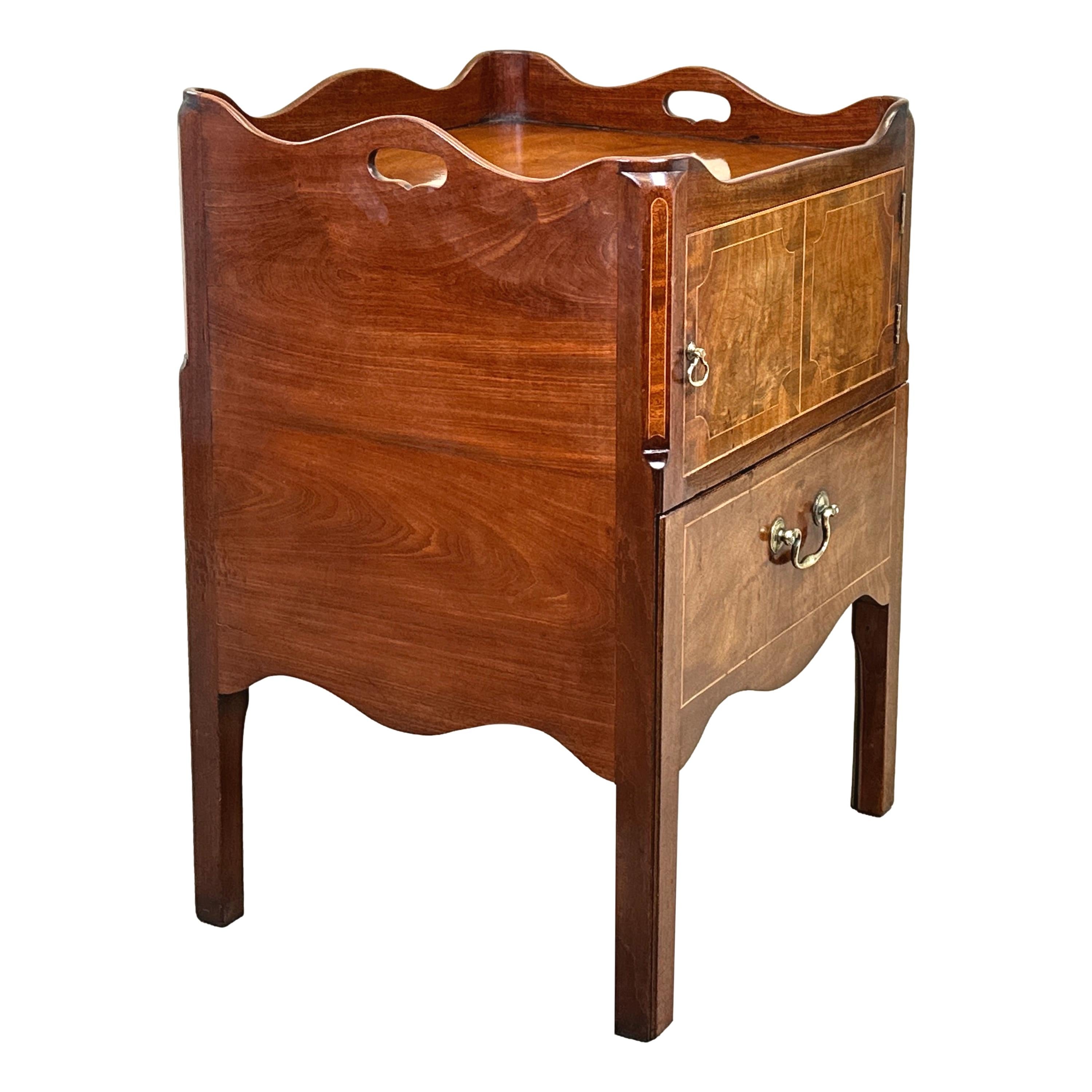 A Superb Quality Late 18th Century, George III Period, Mahogany Bedside Night Table, Or Tray Top Commode, Having Elegant Shaped Tray Top With Pierced Handles, Over One Double Panelled Door Flanked By Banded, Canted Corners And One Converted Pull Out