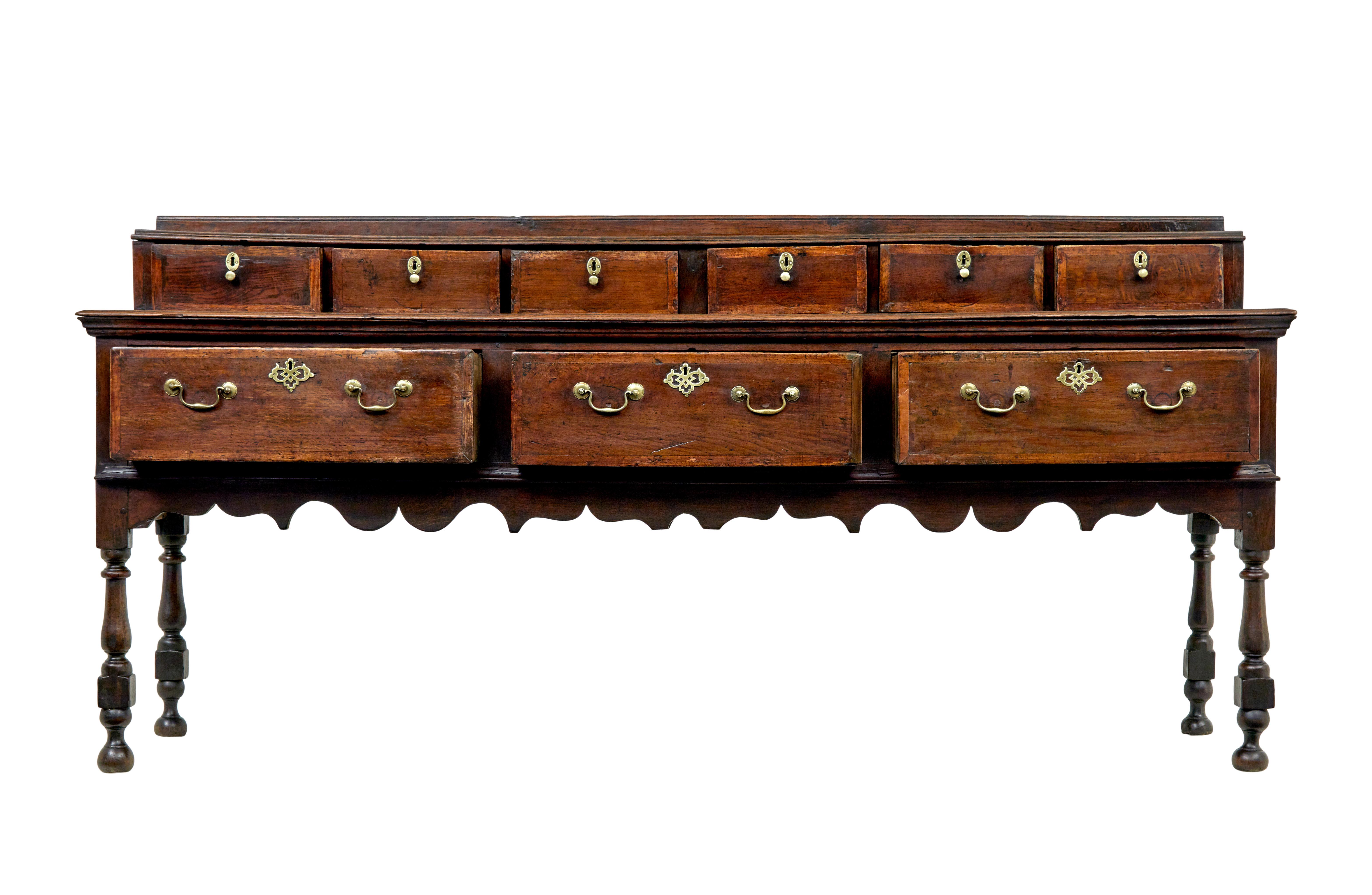 English Georgian 18th century oak dresser base and spice drawers For Sale
