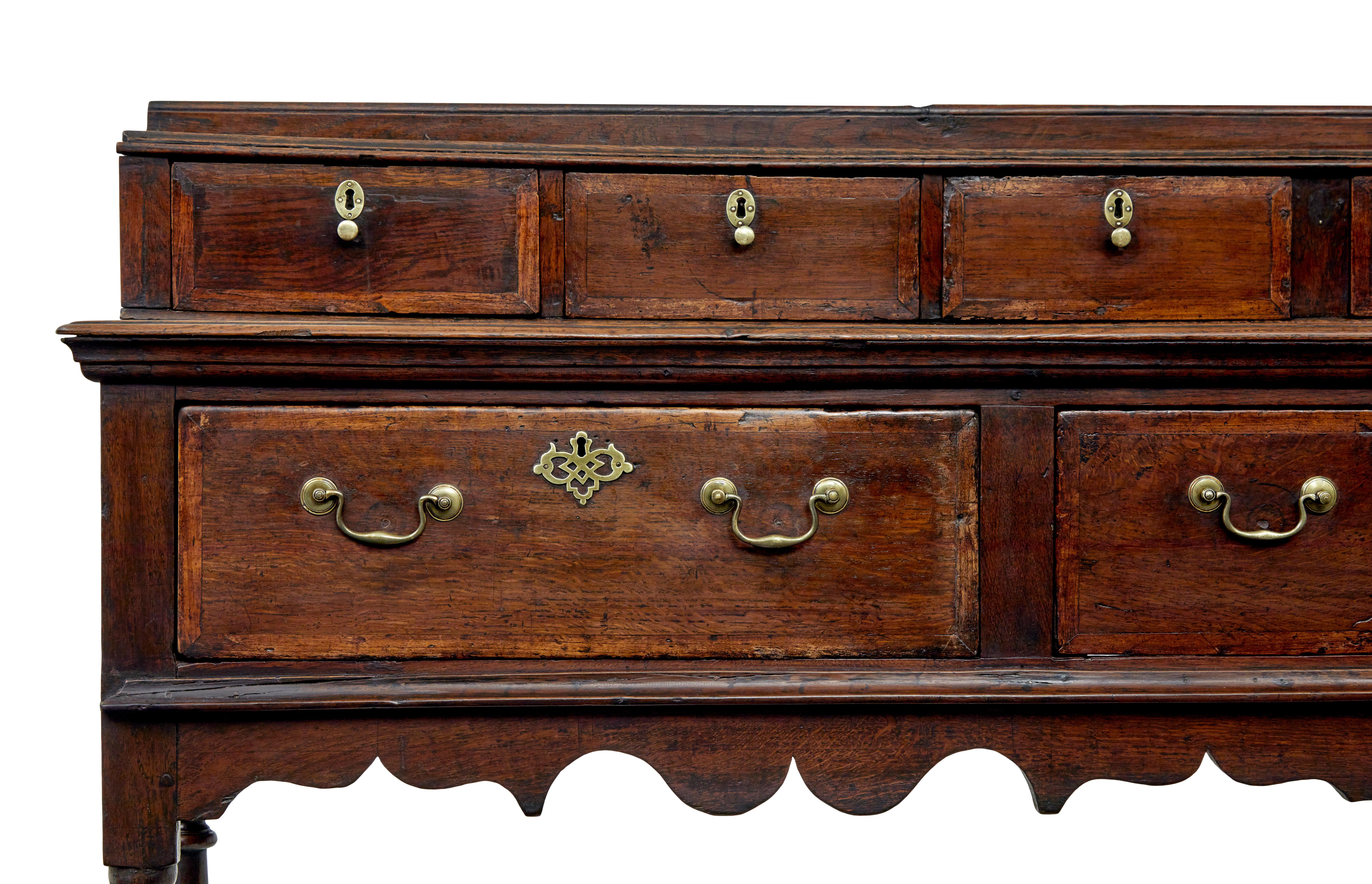 Brass Georgian 18th century oak dresser base and spice drawers For Sale