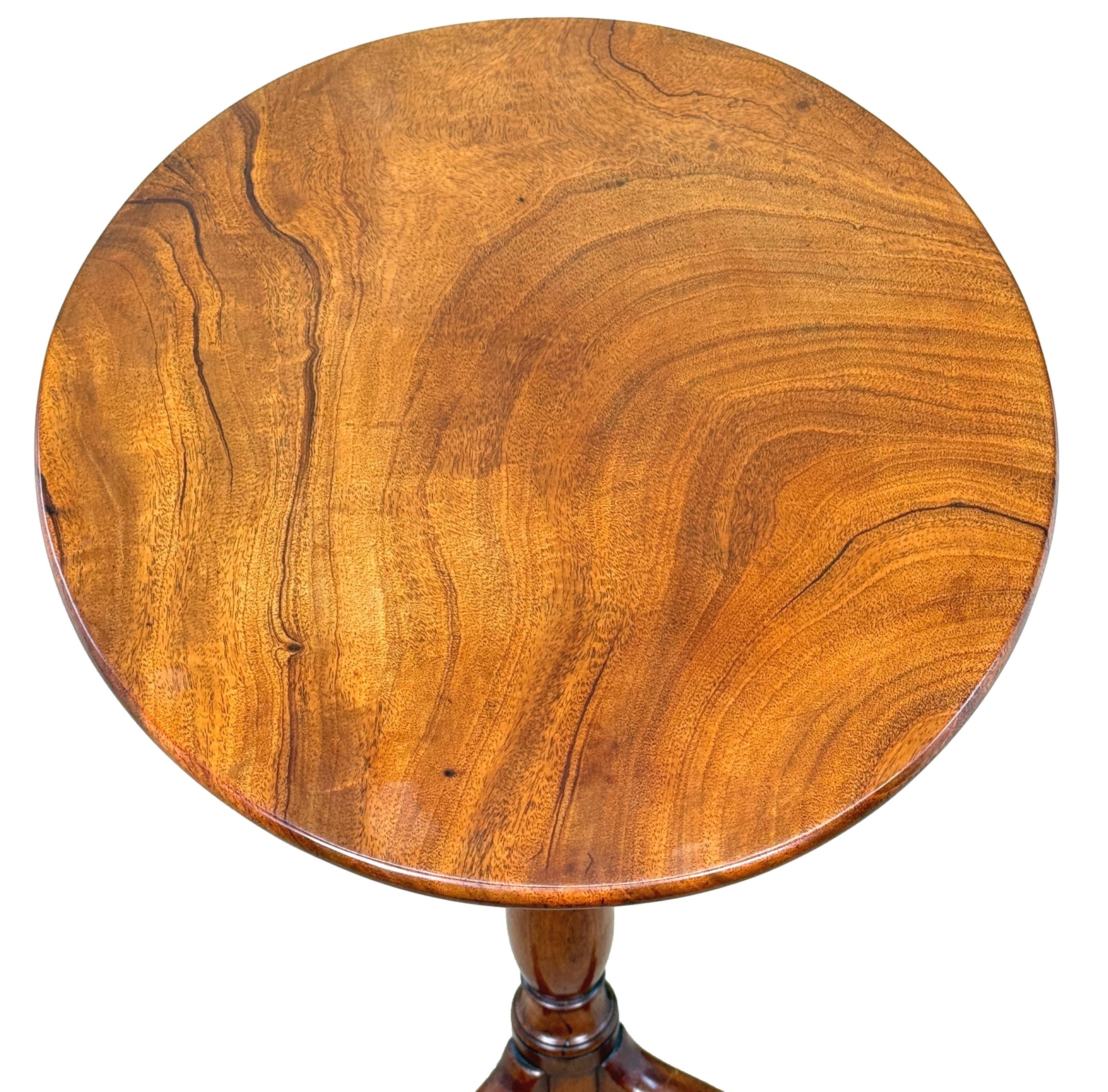 A Charming And Extremely Good Quality Mid 18th Century Georgian Mahogany Wine Table, Or Lamp Table, Having Superbly Figured Oval Shaped Tilting Top, Over Baluster Turned Central Stem With Elegant Tripod Legs, Retaining Good Colour And Patina