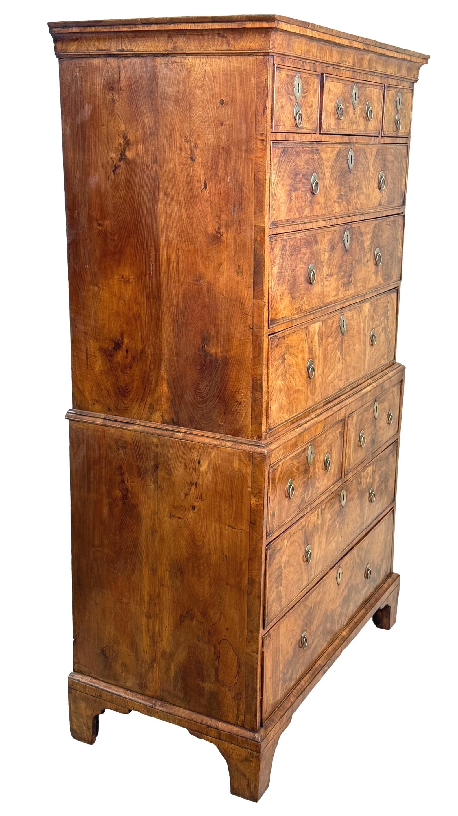 A Wonderful Early 18th Century, George I Period, Walnut Chest On Chest, Or Tallboy, Of Attractive Untouched Colour And Surface Throughout, Having Three Short And Three Long Drawers To Top, Over Two Short And Two Long Drawers To Base, Retaining