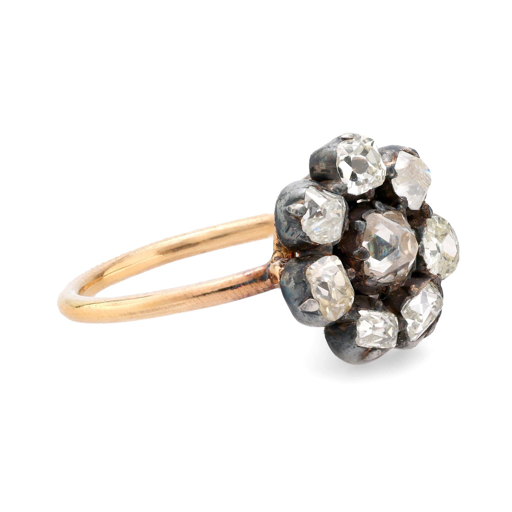 Old Mine Cut Georgian 2 carat total weight diamond 18k yellow gold silver cluster ring