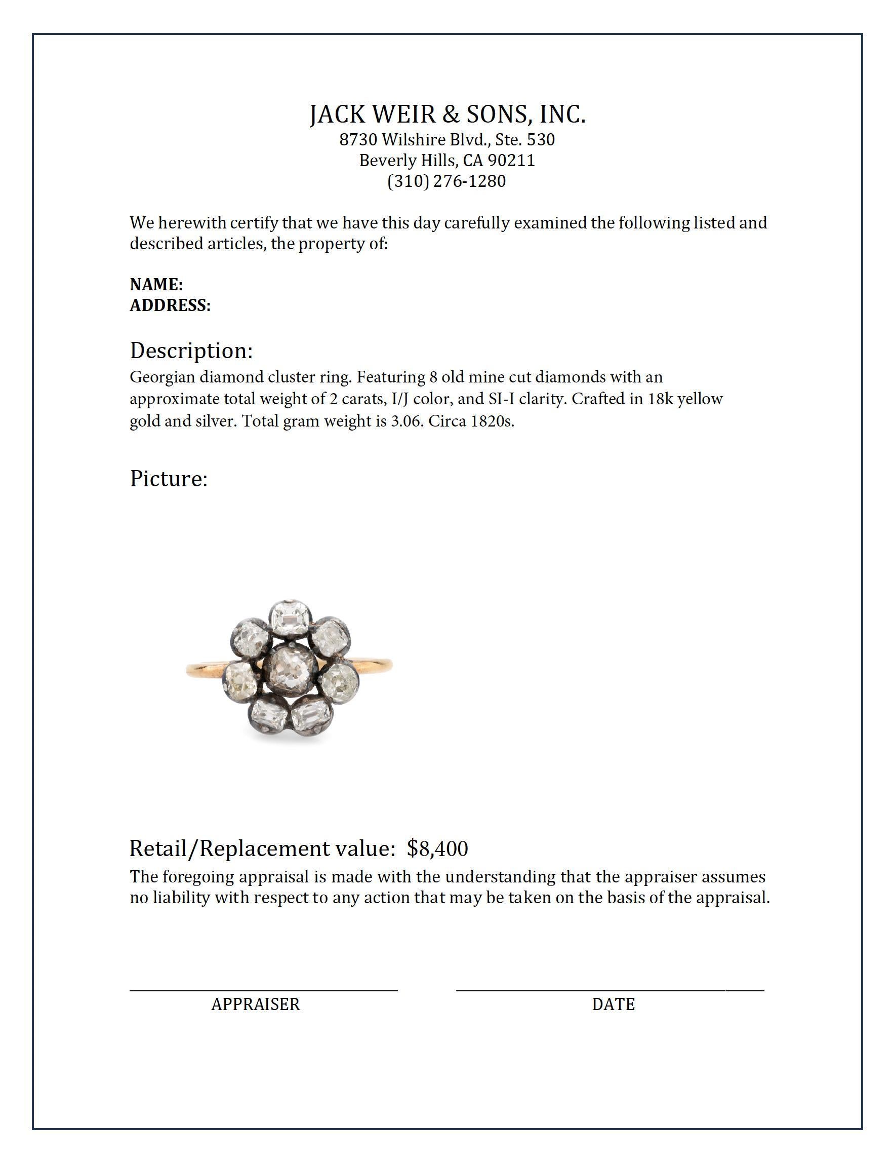 Women's or Men's Georgian 2 carat total weight diamond 18k yellow gold silver cluster ring