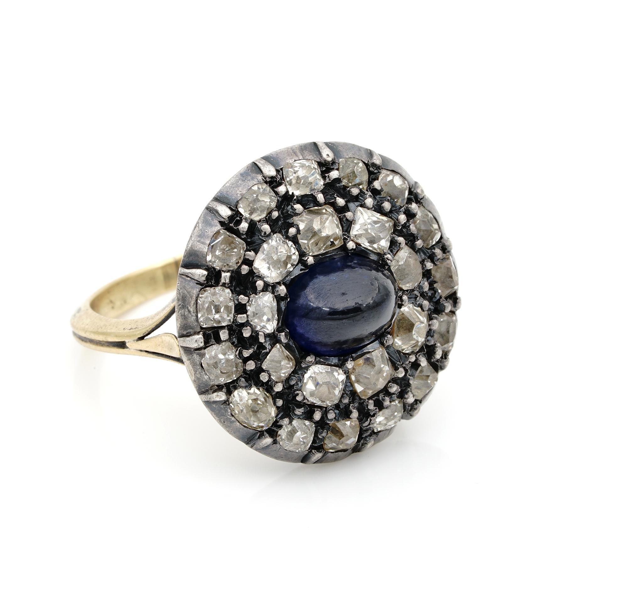 Georgian 2.0 Carat Natural Sapphire 2.40 Carat Diamond Rare Ring In Good Condition For Sale In Napoli, IT