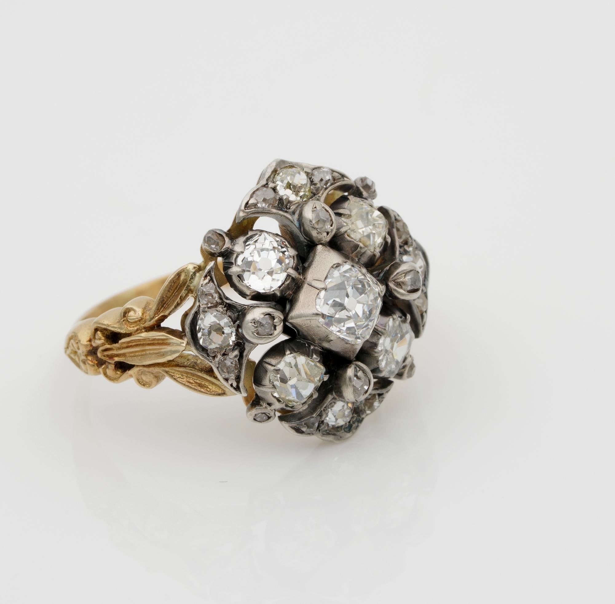 Old Mine Cut Georgian 2.0 Carat Diamond Rare Cluster Ring For Sale