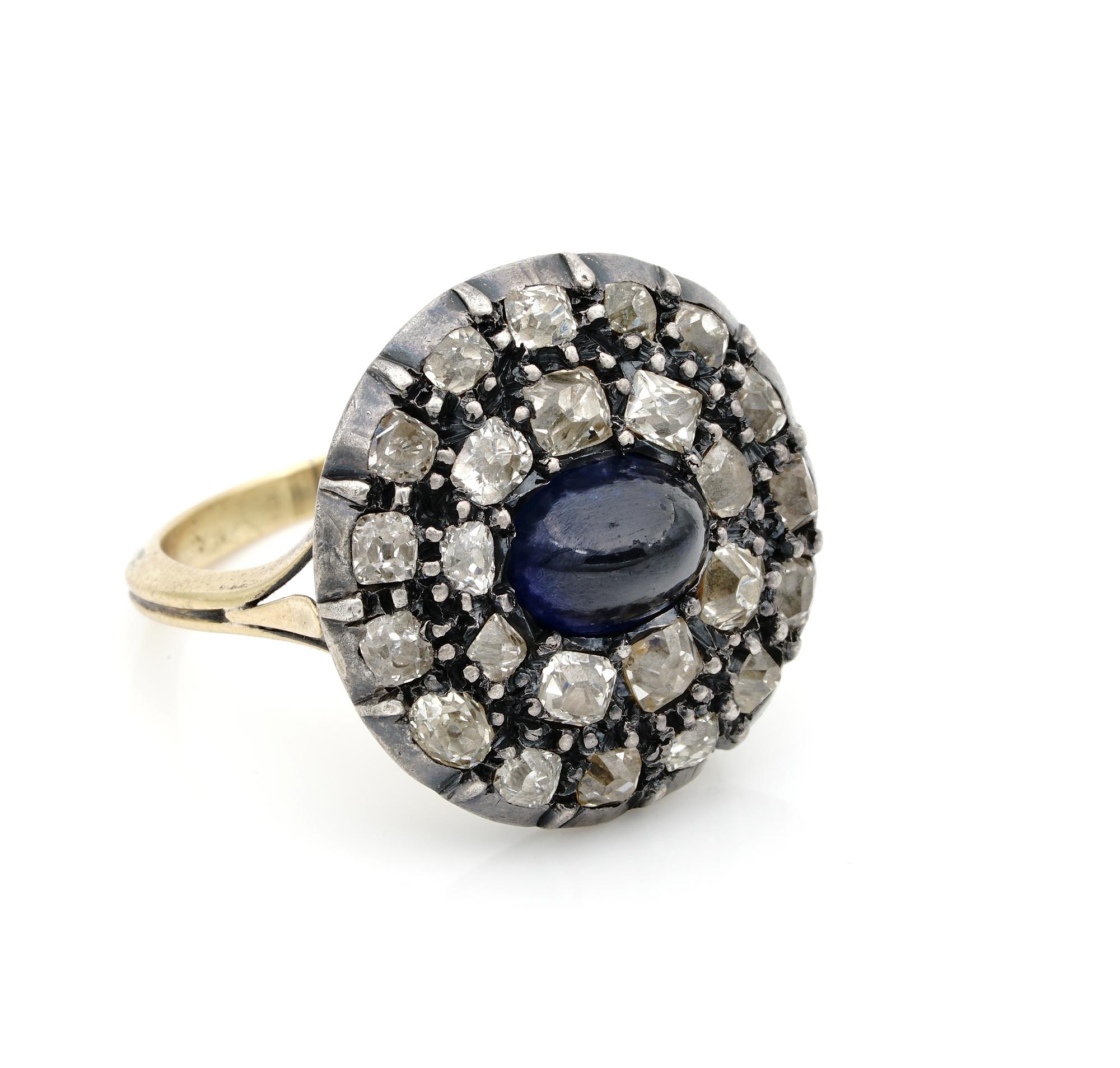 Cabochon Georgian 2.0 Ct Natural Sapphire 2.40 Ct Diamond Ring For Sale