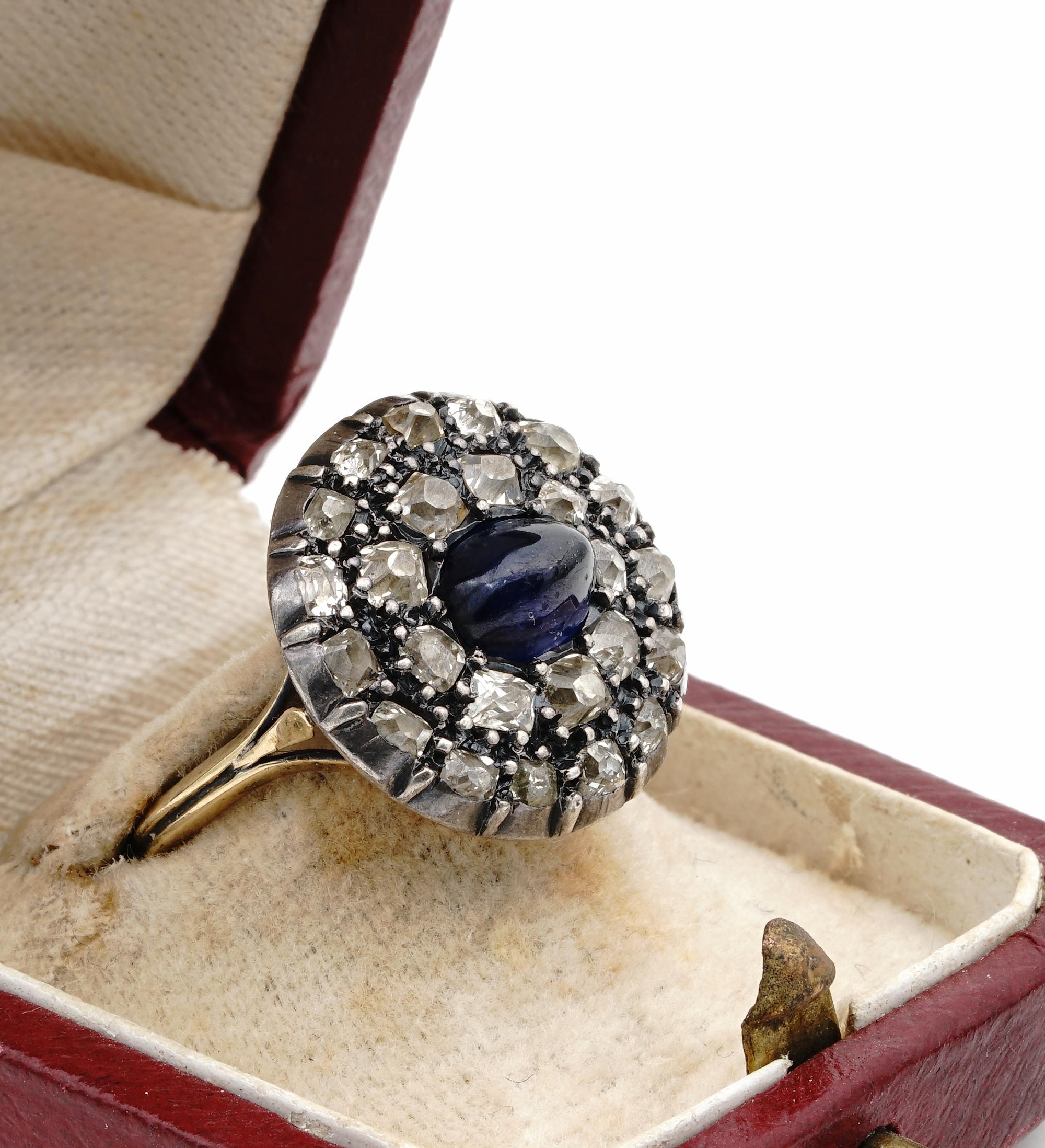 Georgian 2.0 Ct Natural Sapphire 2.40 Ct Diamond Ring In Good Condition For Sale In Napoli, IT