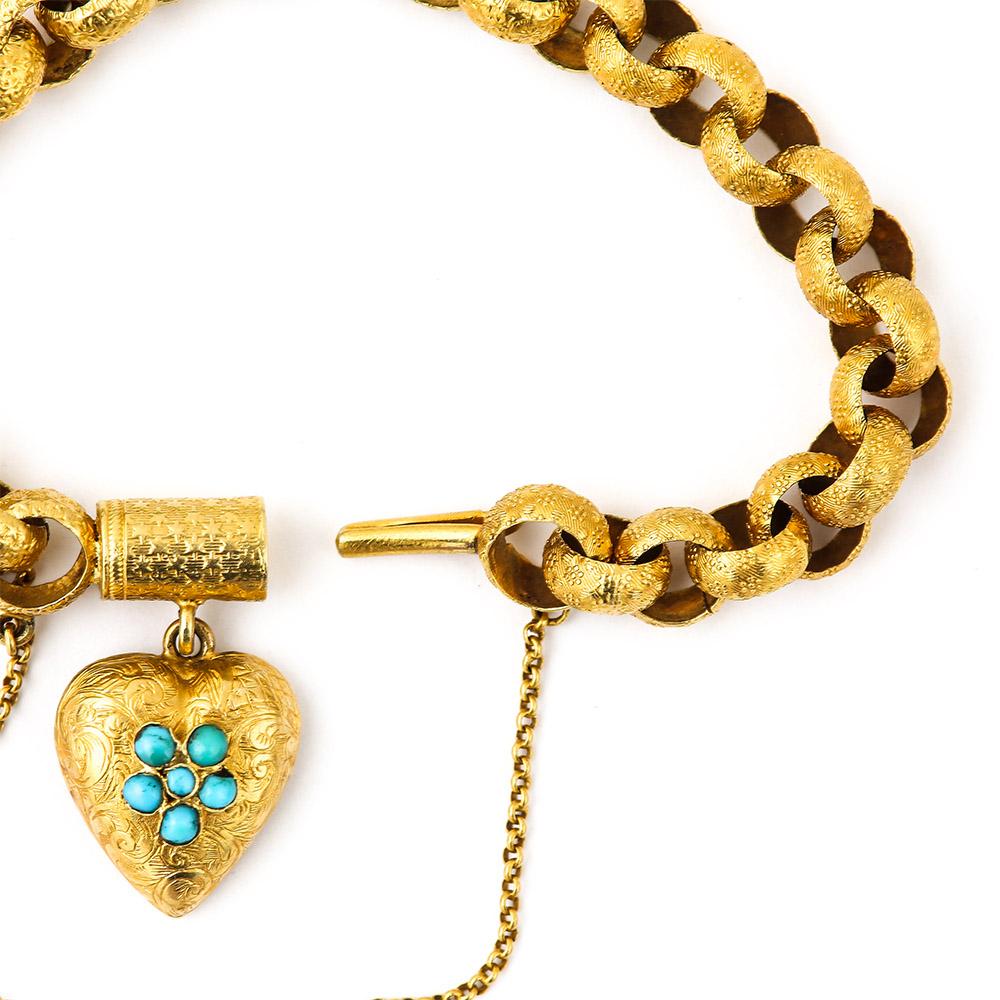 George IV Georgian 20 Karat Gold Bracelet with Turquoise Heart Locket, circa 1820
