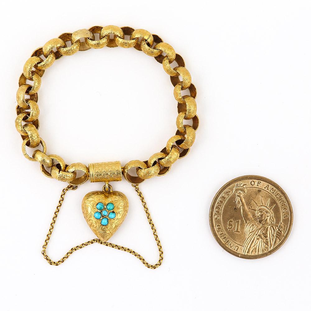 Georgian 20 Karat Gold Bracelet with Turquoise Heart Locket, circa 1820 4