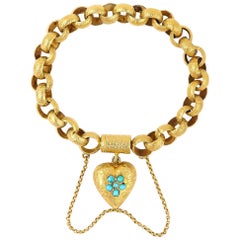 Used Georgian 20 Karat Gold Bracelet with Turquoise Heart Locket, circa 1820