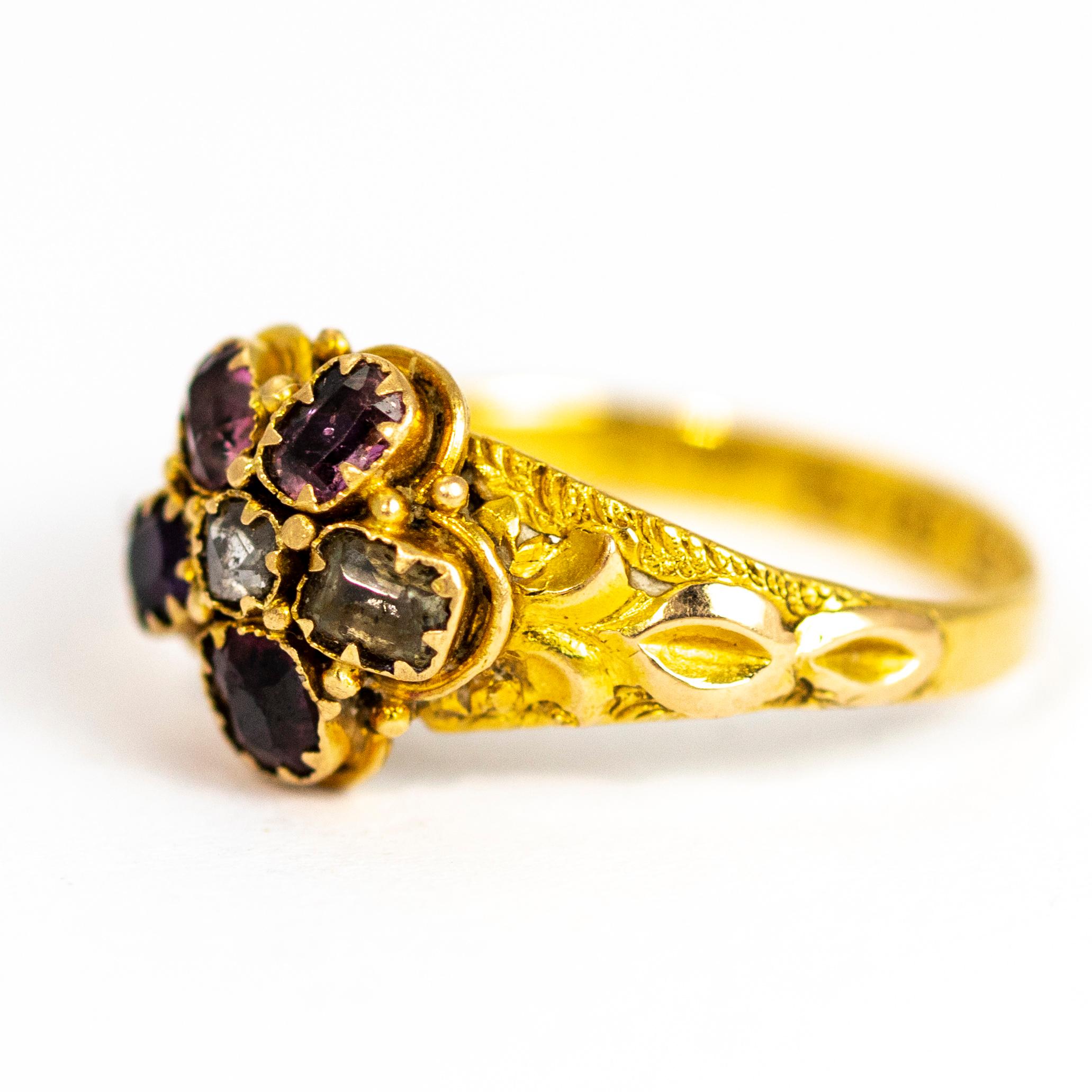 An exemplary antique Georgian regard ring. The first letter of each of the beautiful stones in this cluster spells 