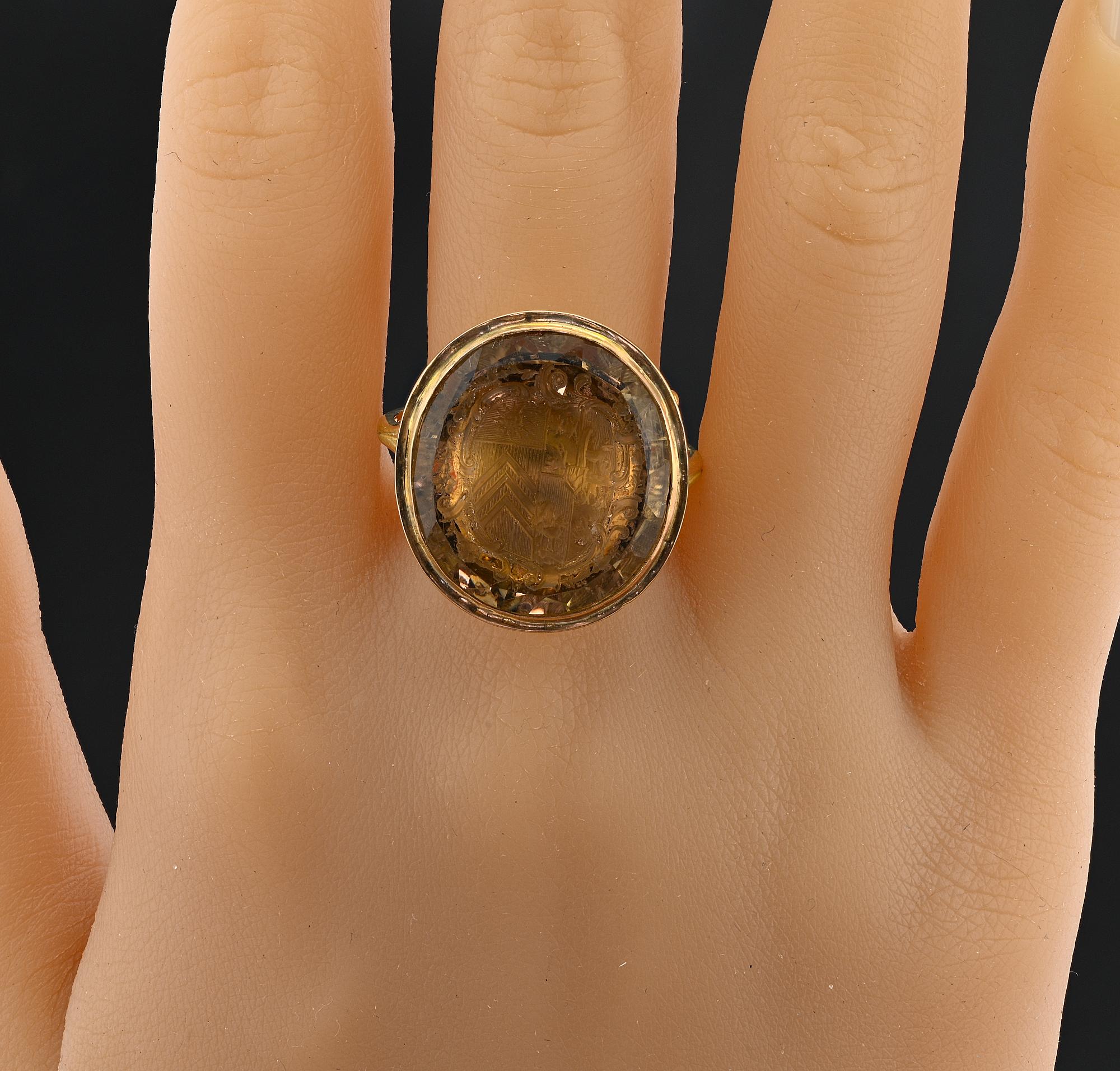 Georgian 24.00 Ct Citrine Coat of Arms Seal Ring 5