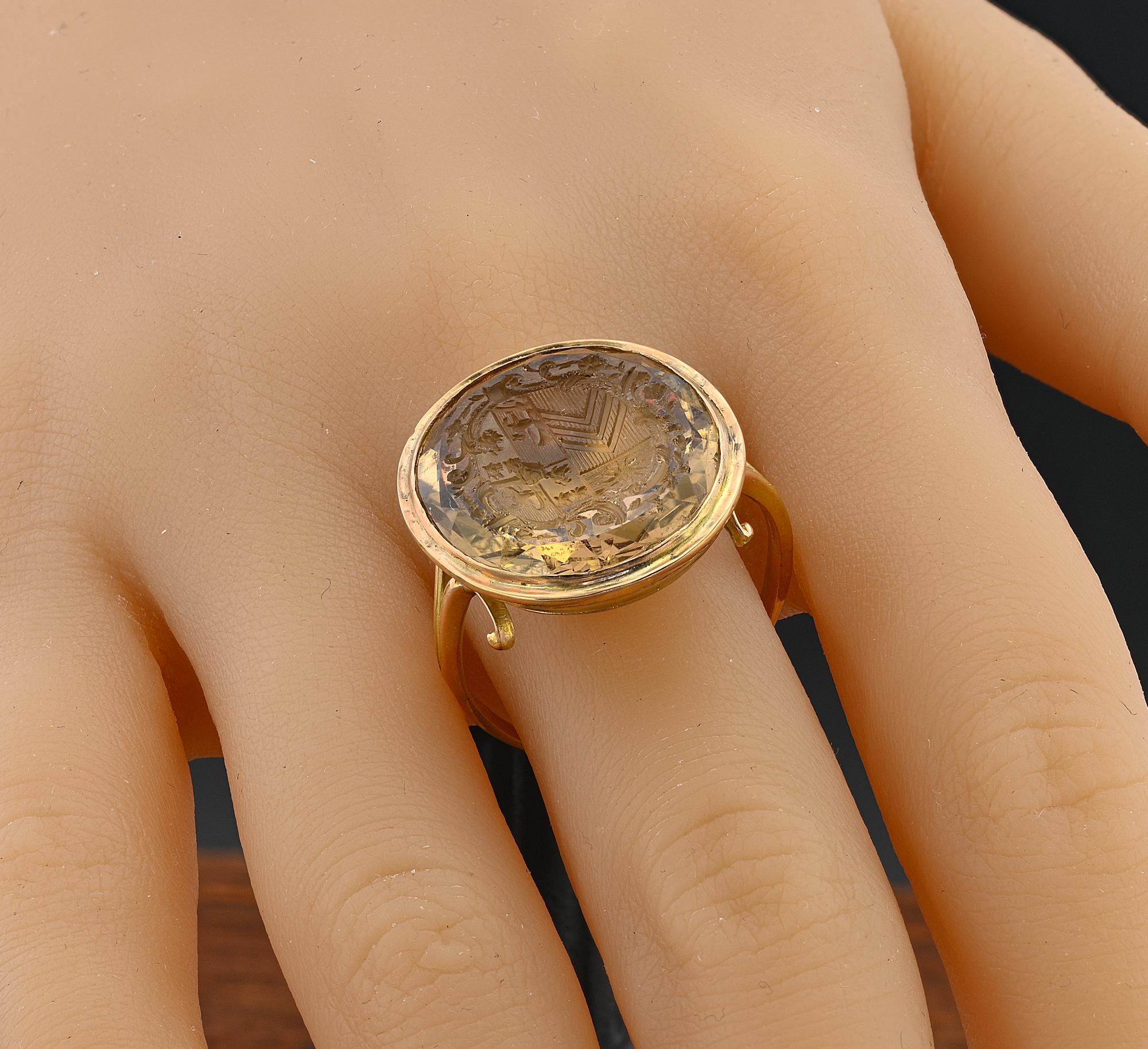 Georgian 24.00 Ct Citrine Coat of Arms Seal Ring 6