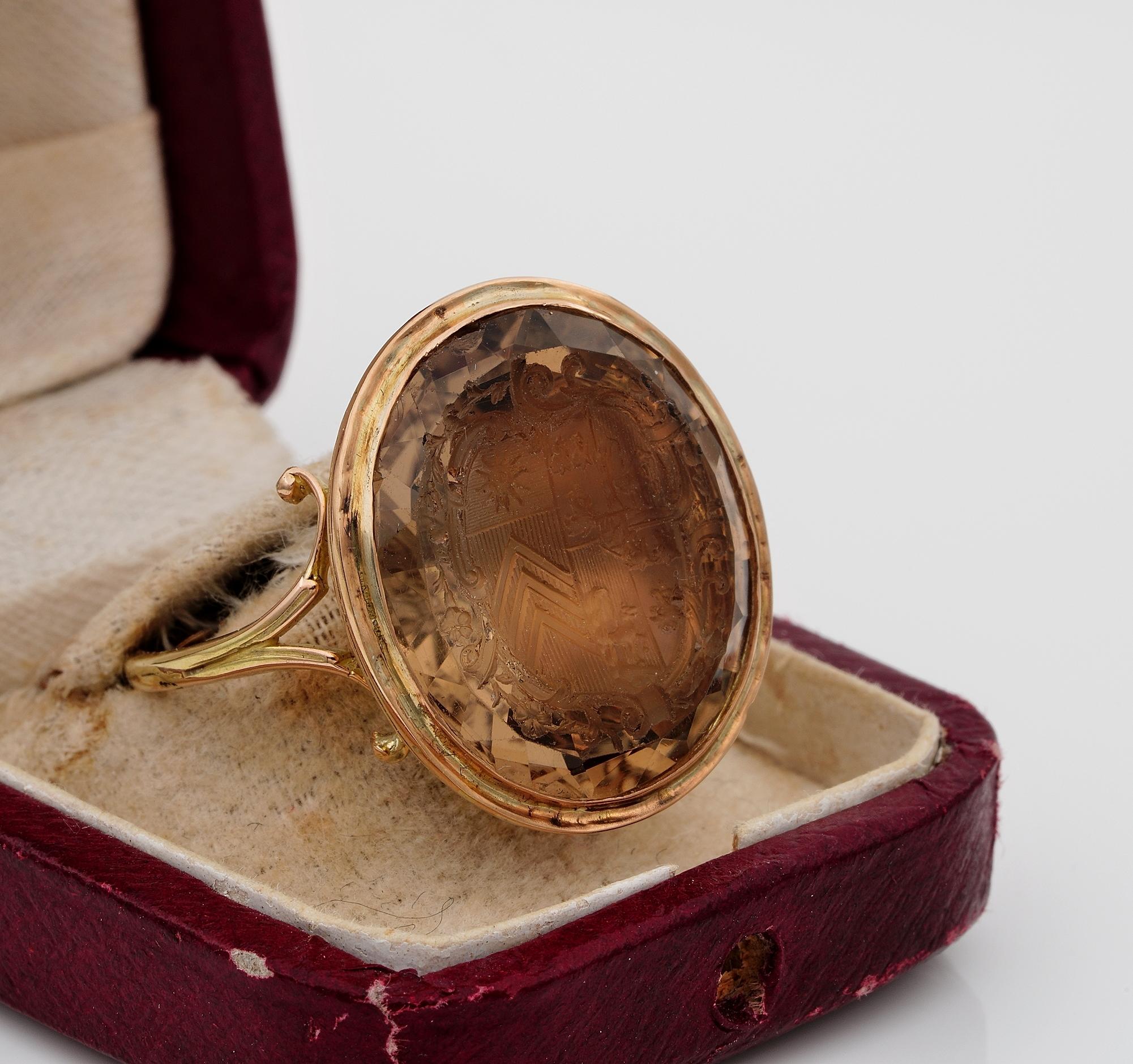 Georgian 24.00 Ct Citrine Coat of Arms Seal Ring In Good Condition For Sale In Napoli, IT