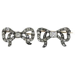 Georgian 2.56 CTW Diamond Sterling Silver 10K Gold Antique Bow Brooch Set