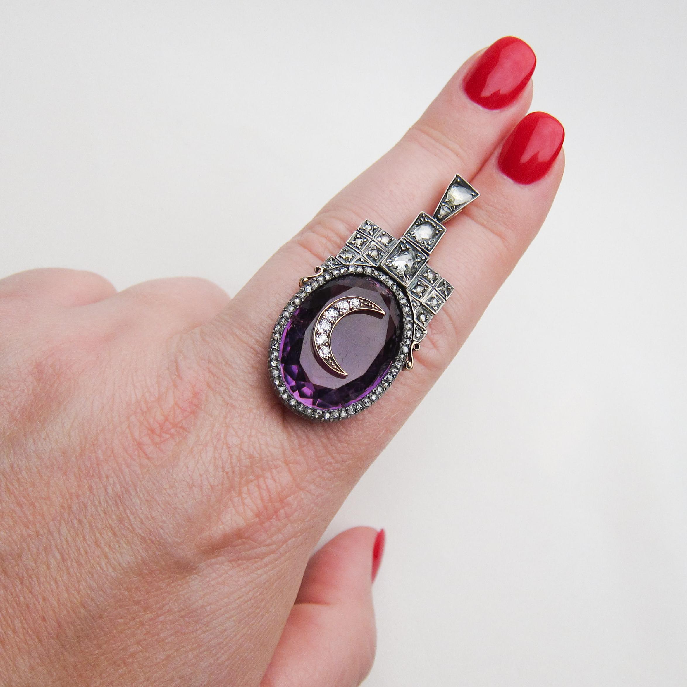 Georgian 29.71 Carat Amethyst Handmade Pendant with Diamond Crescent Moon In Excellent Condition For Sale In Seattle, WA