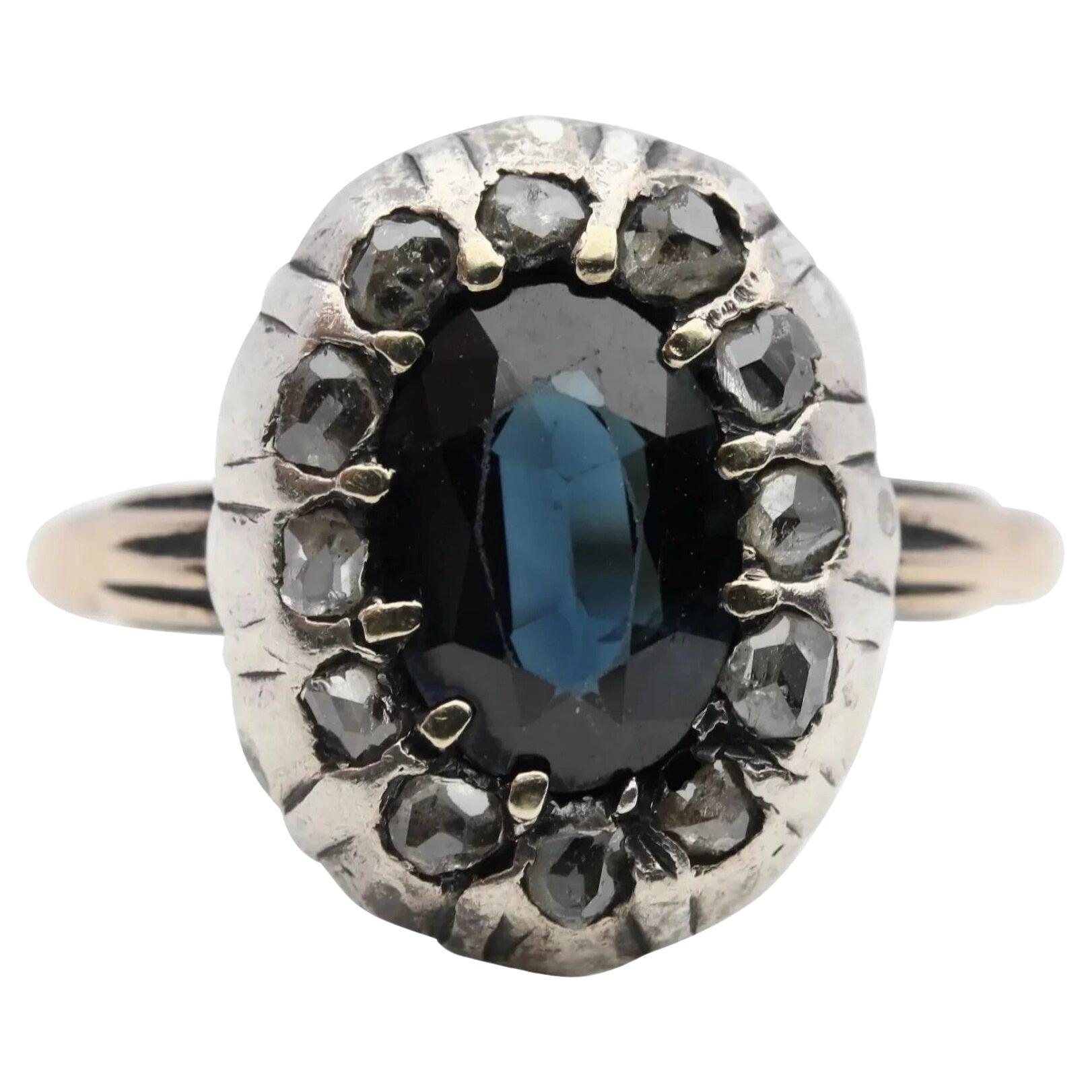 Georgian 3.10 Carat Sapphire & Rose Cut Diamond Halo Engagement Ring