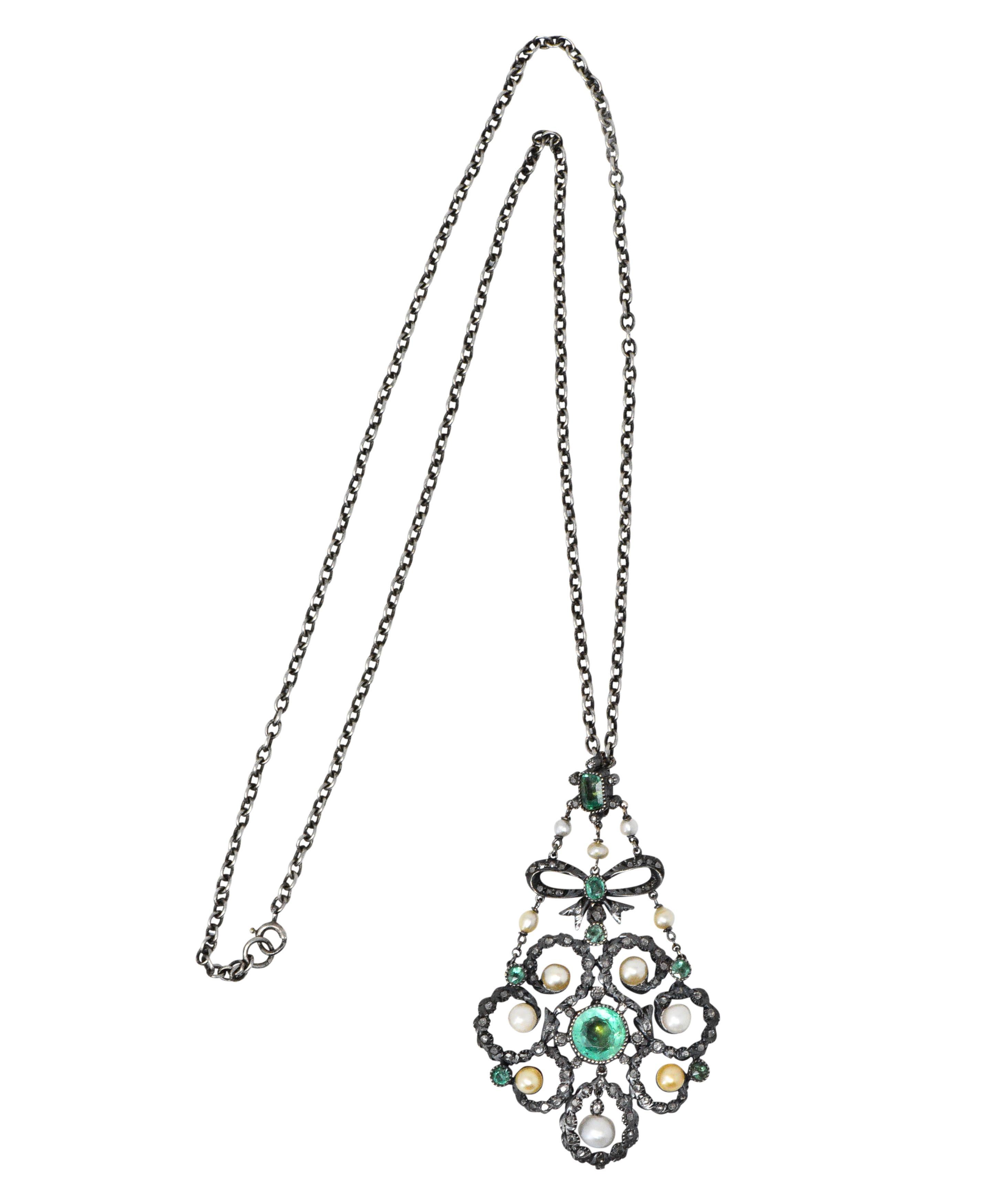 Georgian 3.50 Carat Foil Backed Emerald Pearl Diamond Silver Pendant Necklace 5