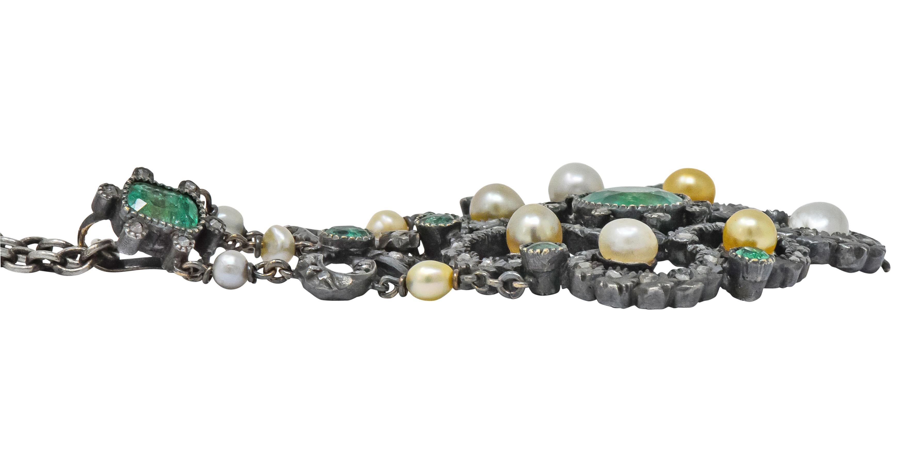 Georgian 3.50 Carat Foil Backed Emerald Pearl Diamond Silver Pendant Necklace 1