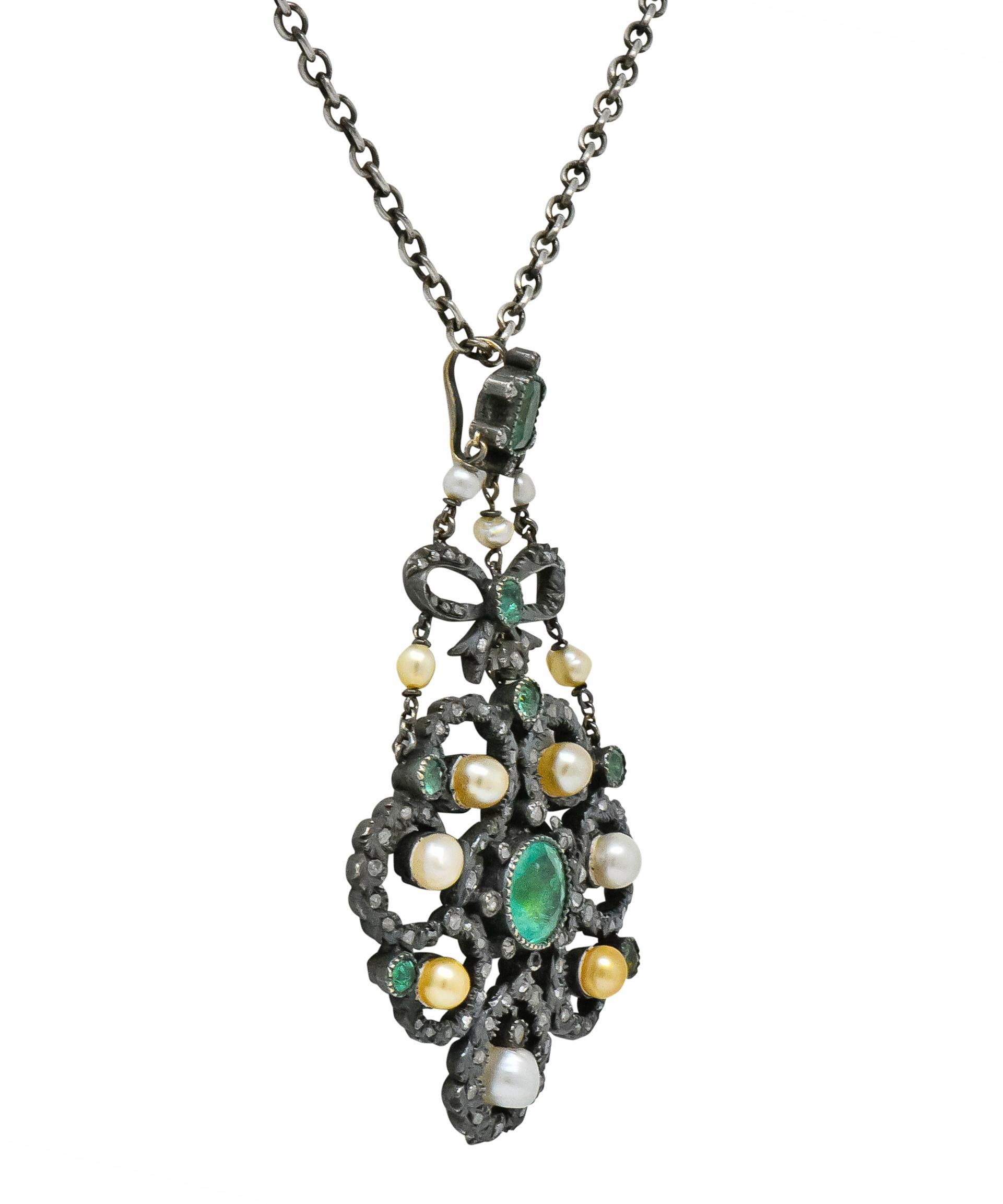 Georgian 3.50 Carat Foil Backed Emerald Pearl Diamond Silver Pendant Necklace 2