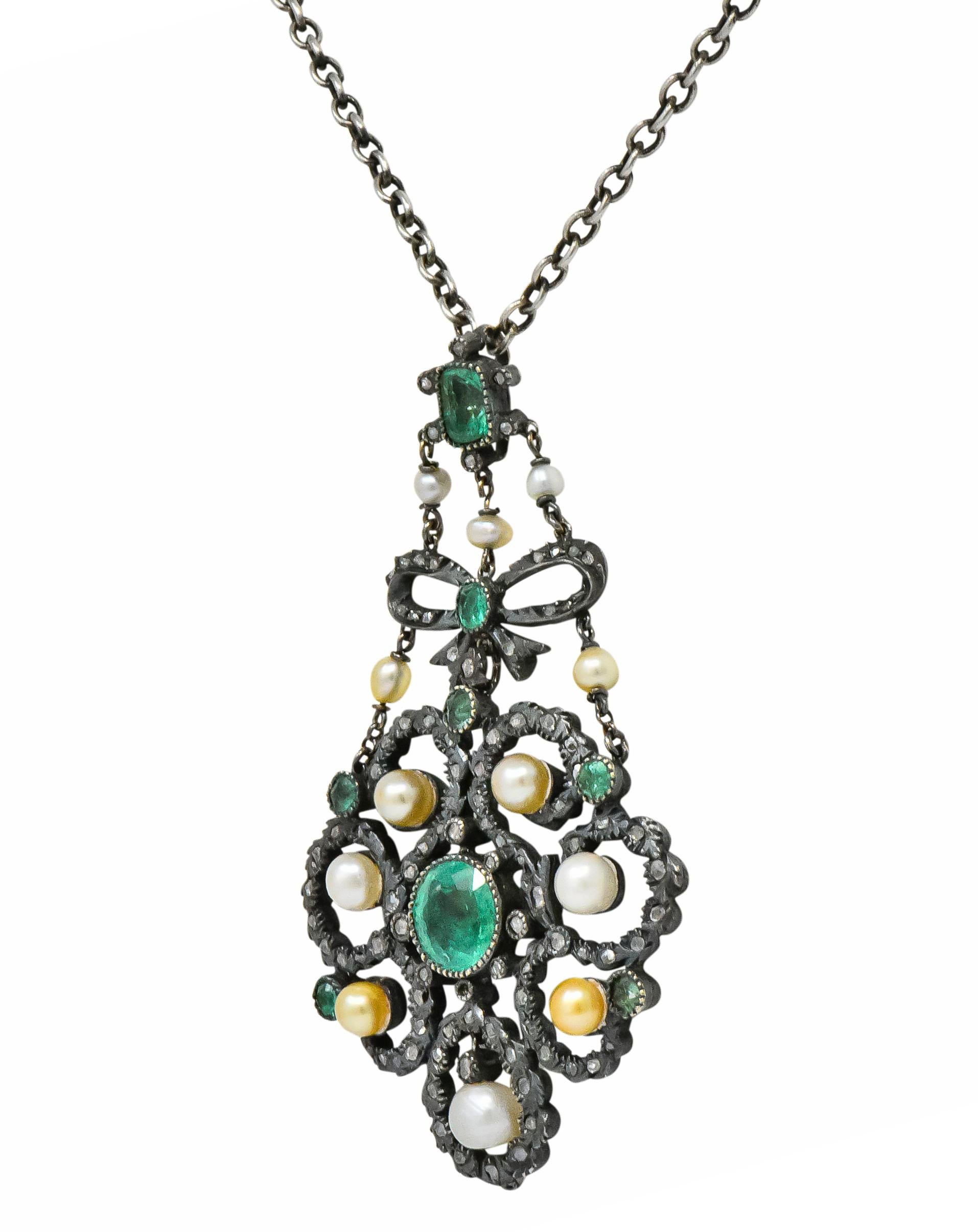 Georgian 3.50 Carat Foil Backed Emerald Pearl Diamond Silver Pendant Necklace 3