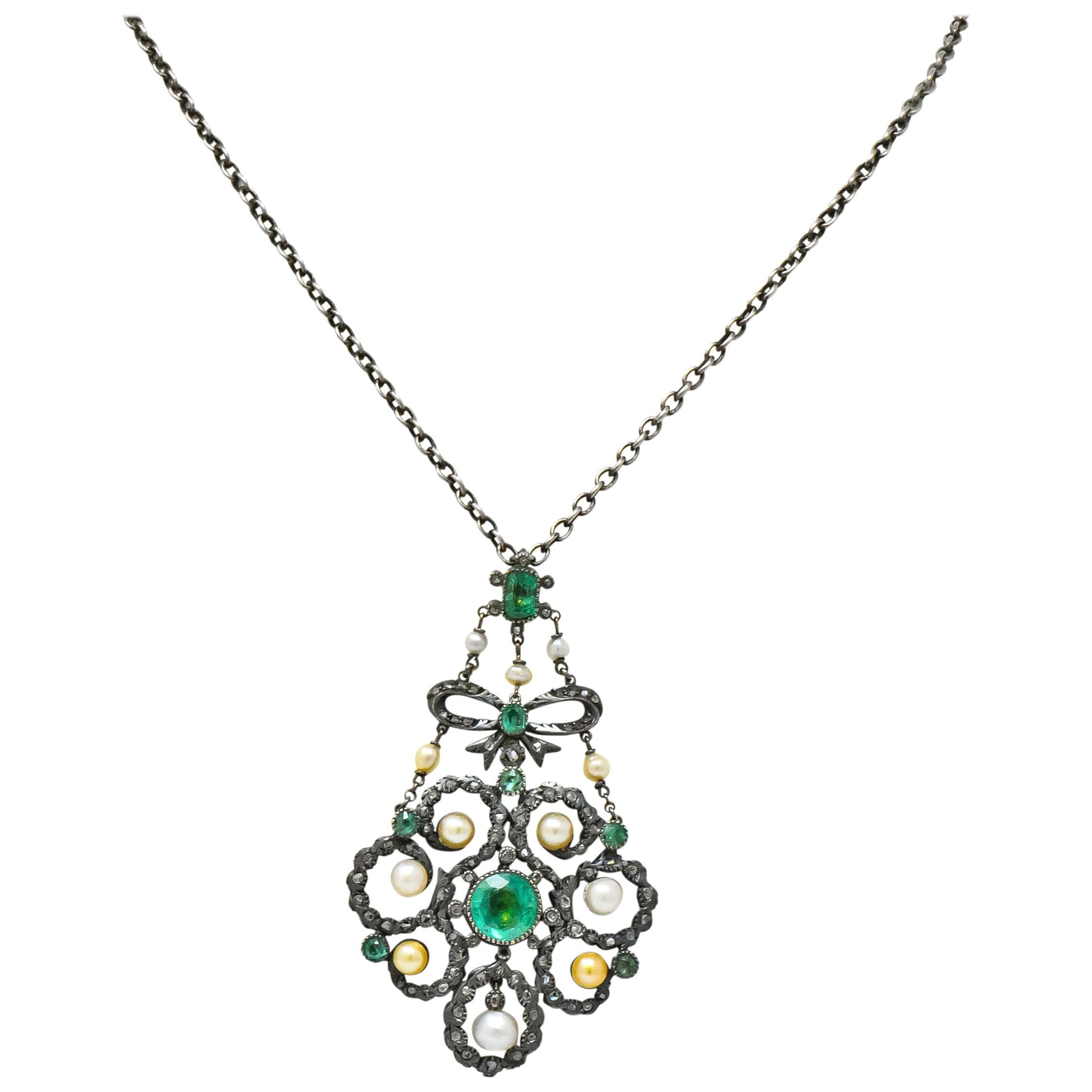 Georgian 3.50 Carat Foil Backed Emerald Pearl Diamond Silver Pendant Necklace