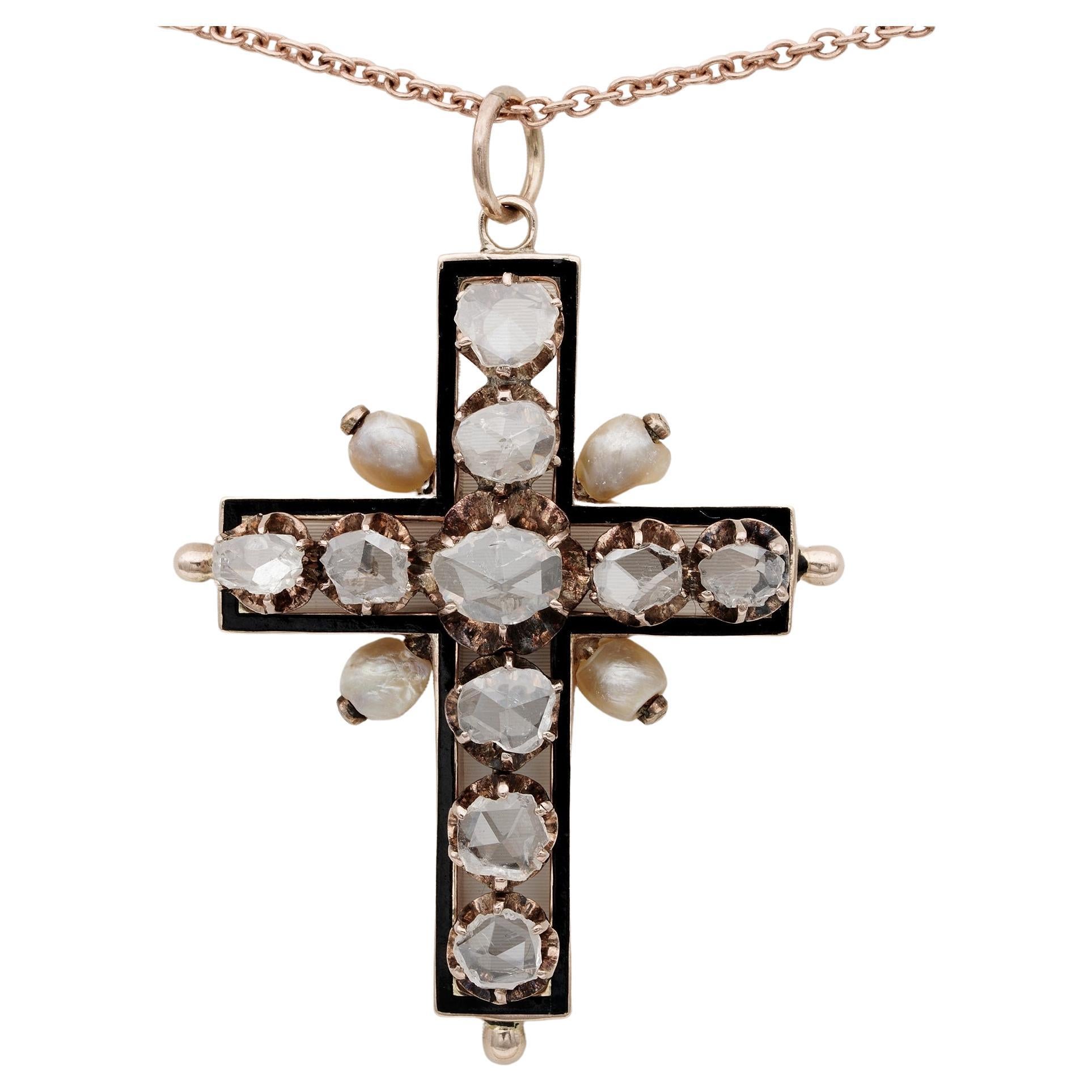 Georgian 3.50 Ct Rose Cut Diamond Enamel Latin Cross For Sale
