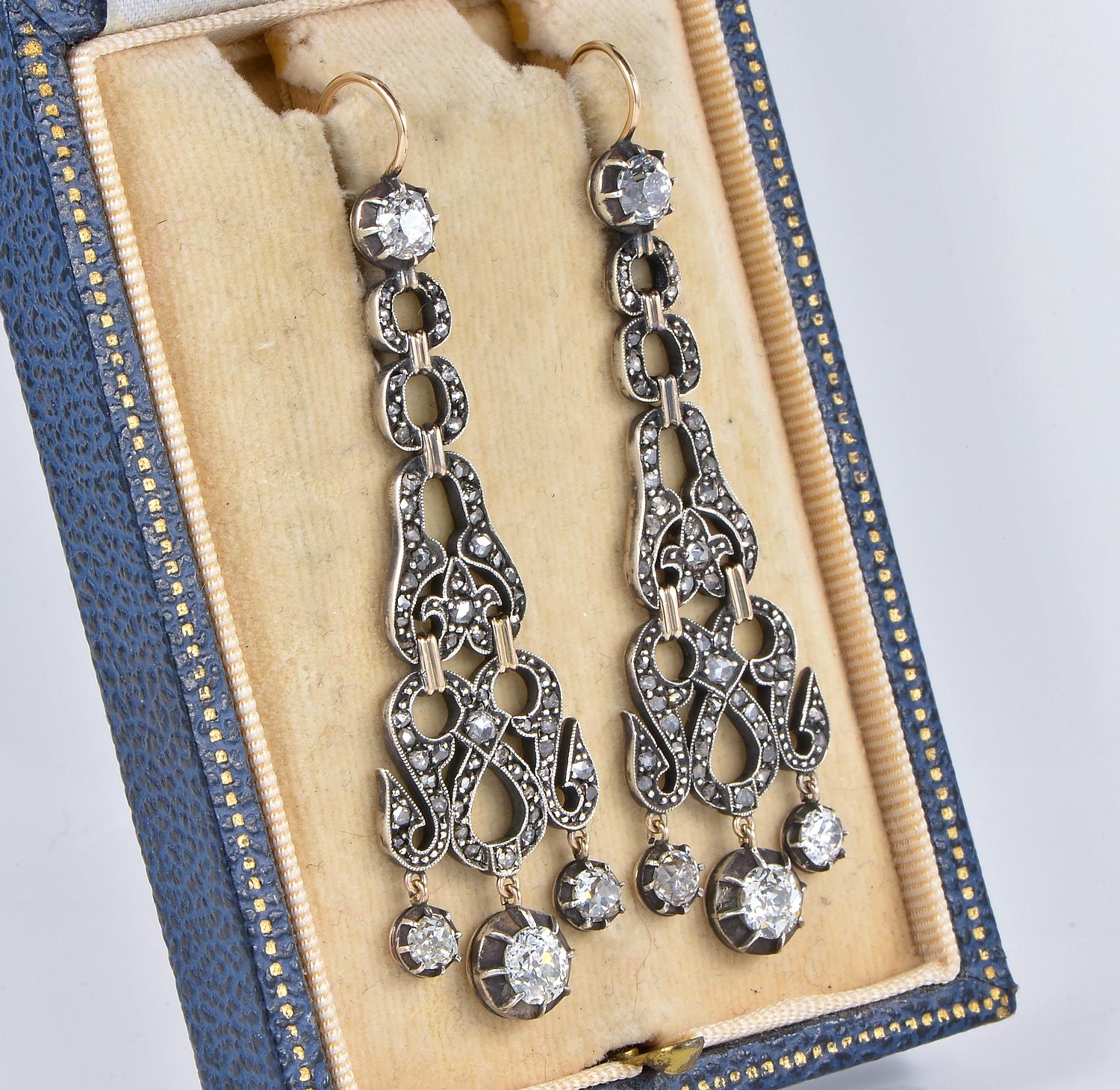 Old Mine Cut Georgian 4.50 Ct Diamond Long Pendant Earrings 18 KT/silver For Sale