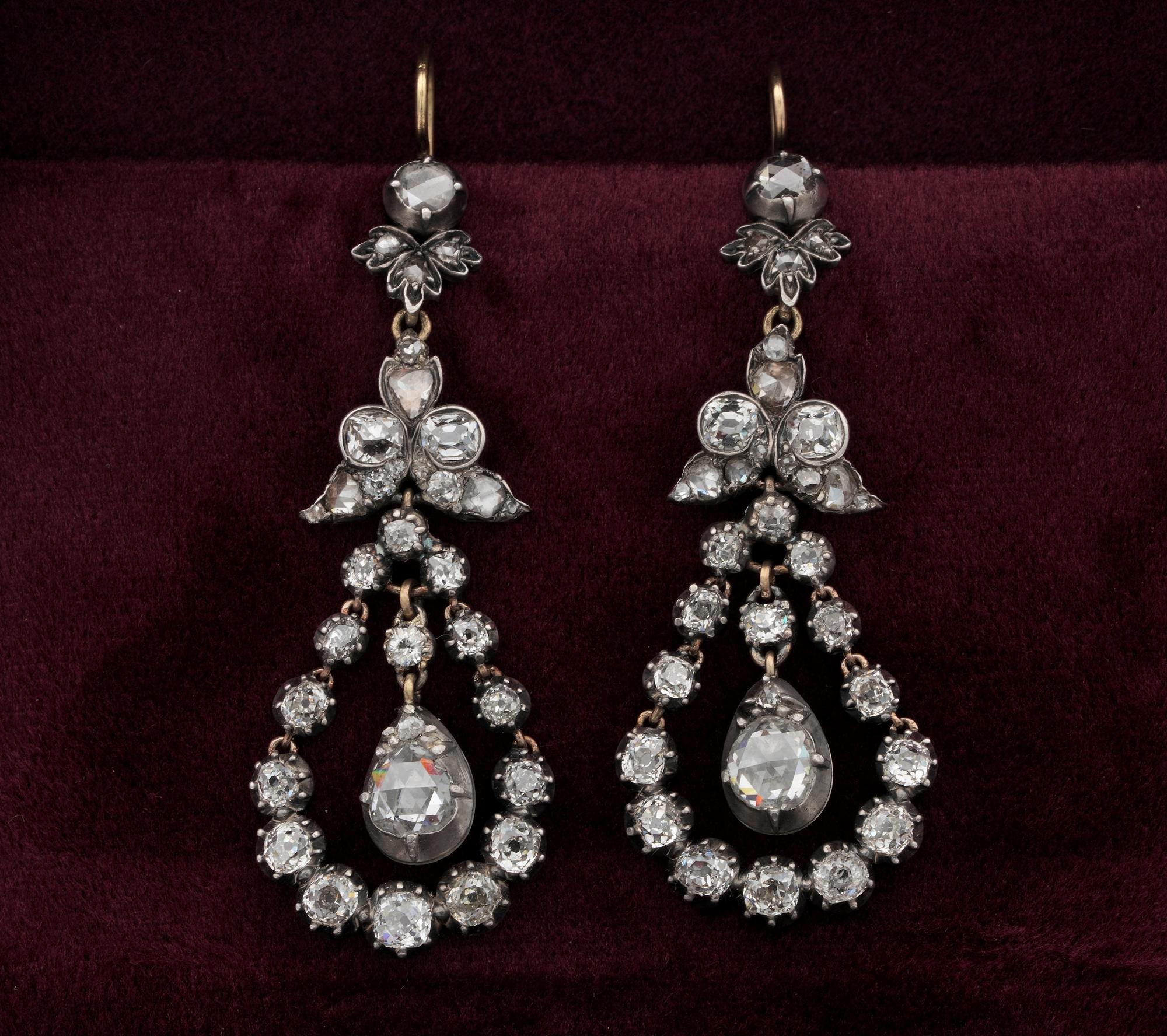 A piece of eternity
Enchanting pair of Georgian period Diamond chandelier earrings
Rare in beauty, timeless treasure
Set throughout by a selection of rose cut and old mine cut Diamonds – approx 5.50 Ct in TCW -2 Dutch rose cut diamonds totalling