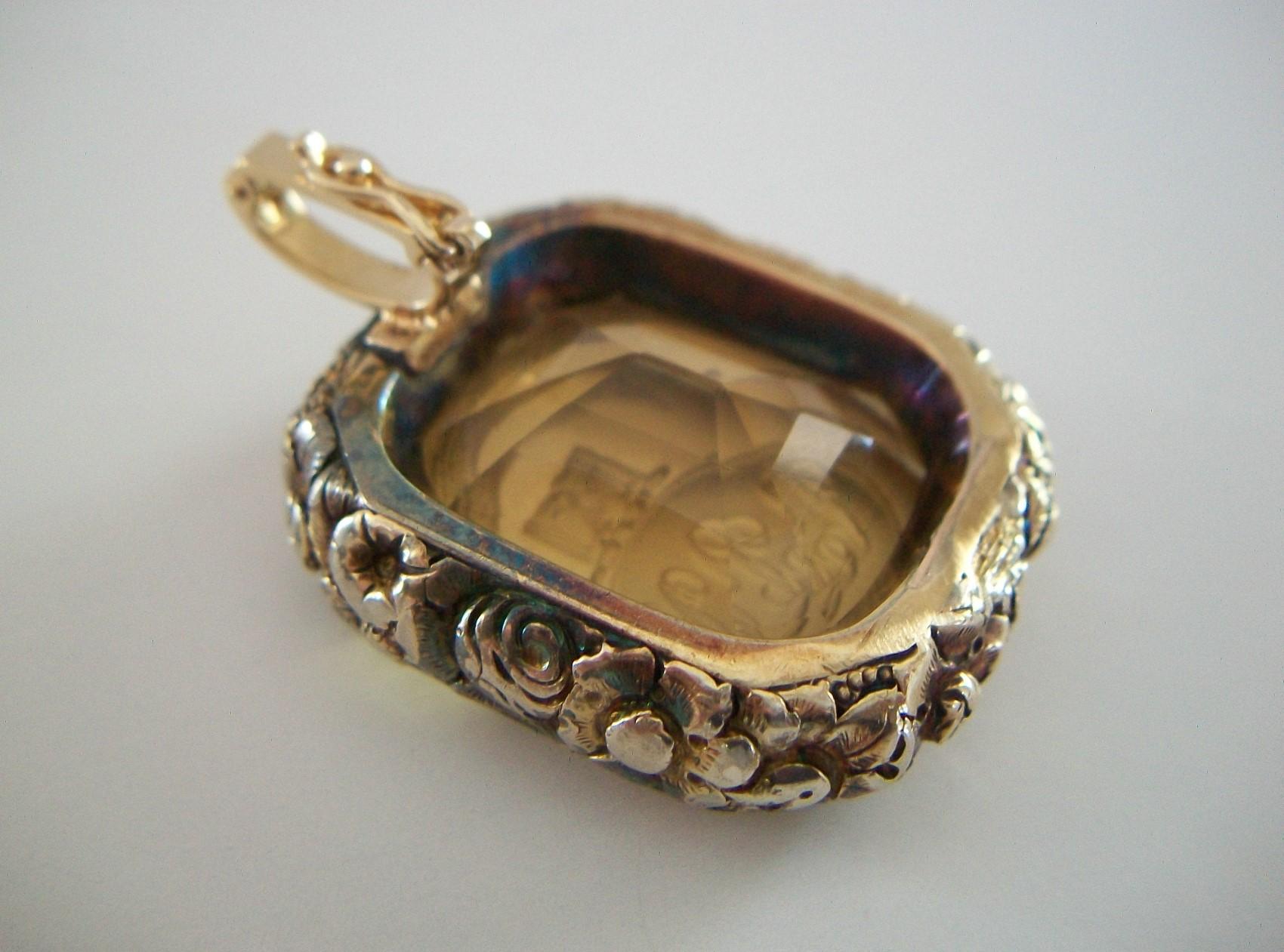 Georgian 56 Carat Carved Citrine Fob Pendant - Gold Repoussé Frame - Circa 1830 In Good Condition For Sale In Chatham, CA