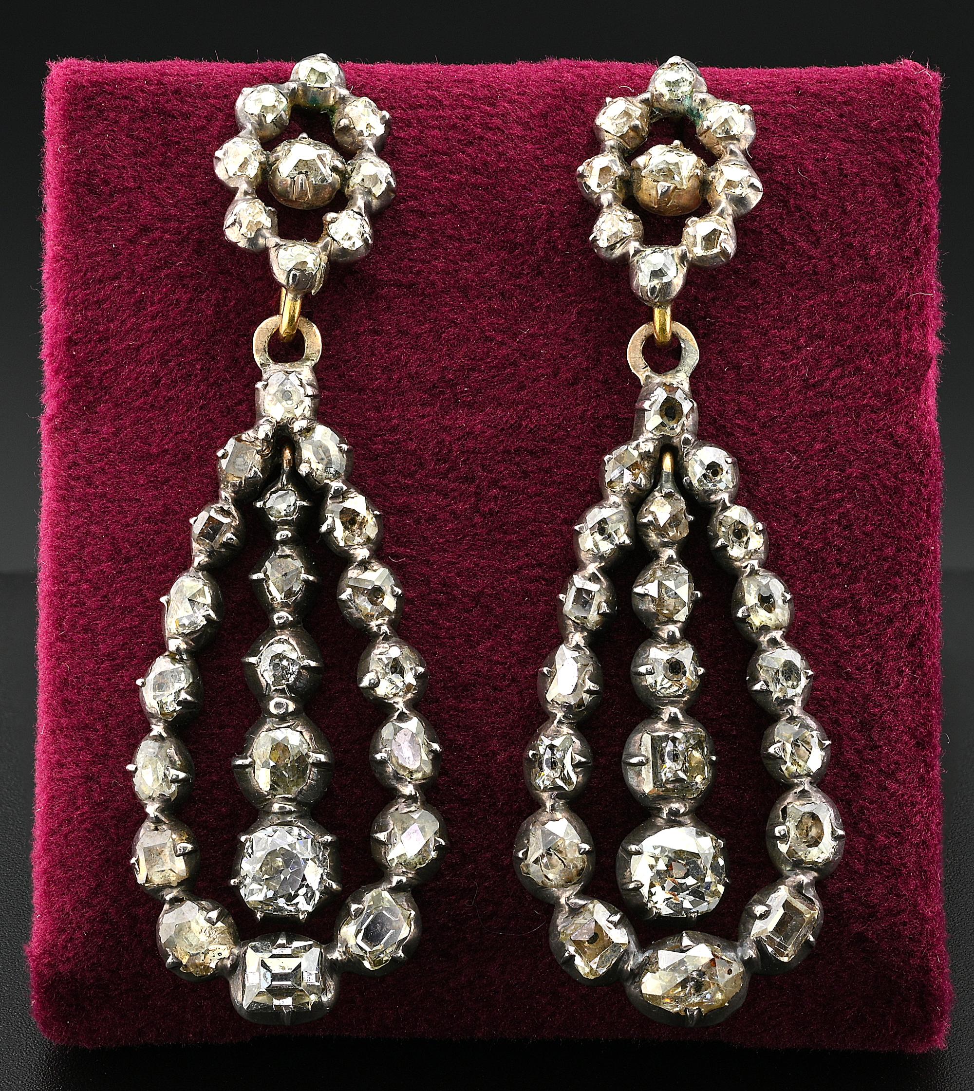 Georgianische 7,40 Karat Diamant-Nachttage-Ohrringe mit tropfenförmigem Tropfen (Alteuropäischer Brillantschliff) im Angebot